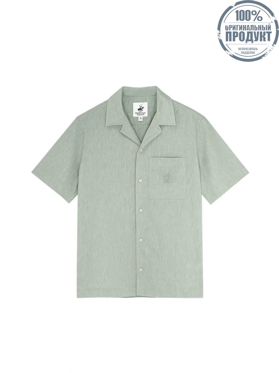 BEVERLY HILLS POLO CLUB Men Cotton Linen Open Collar Shirt Short Sleeve, Green BEVERLY HILLS POLO CLUB Men Cotton Linen Open Collar Shirt Short Sleeve, Green