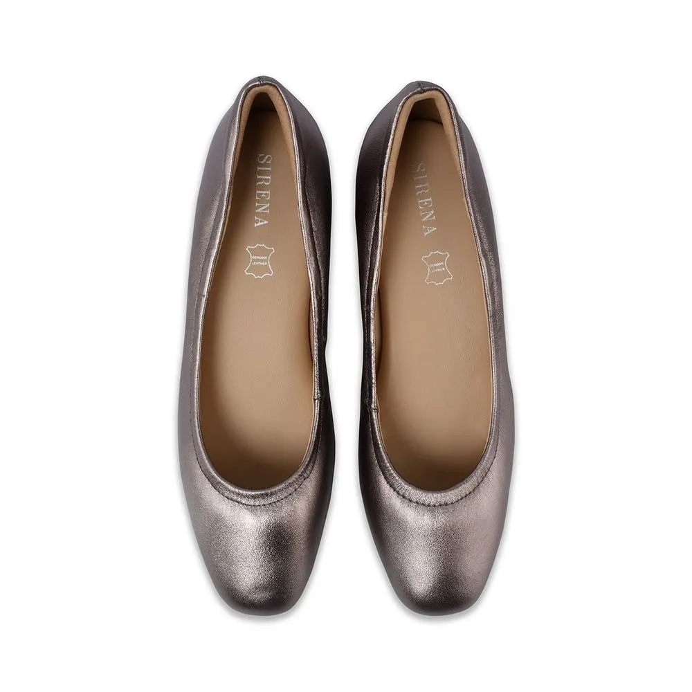 Sirena Metallic Pewter Leather Court Shoes Rounded Toe Blocked Heel 1.5 inch Ariel Sirena Metallic Pewter Leather Court Shoes Rounded Toe Blocked Heel 1.5 inch Ariel