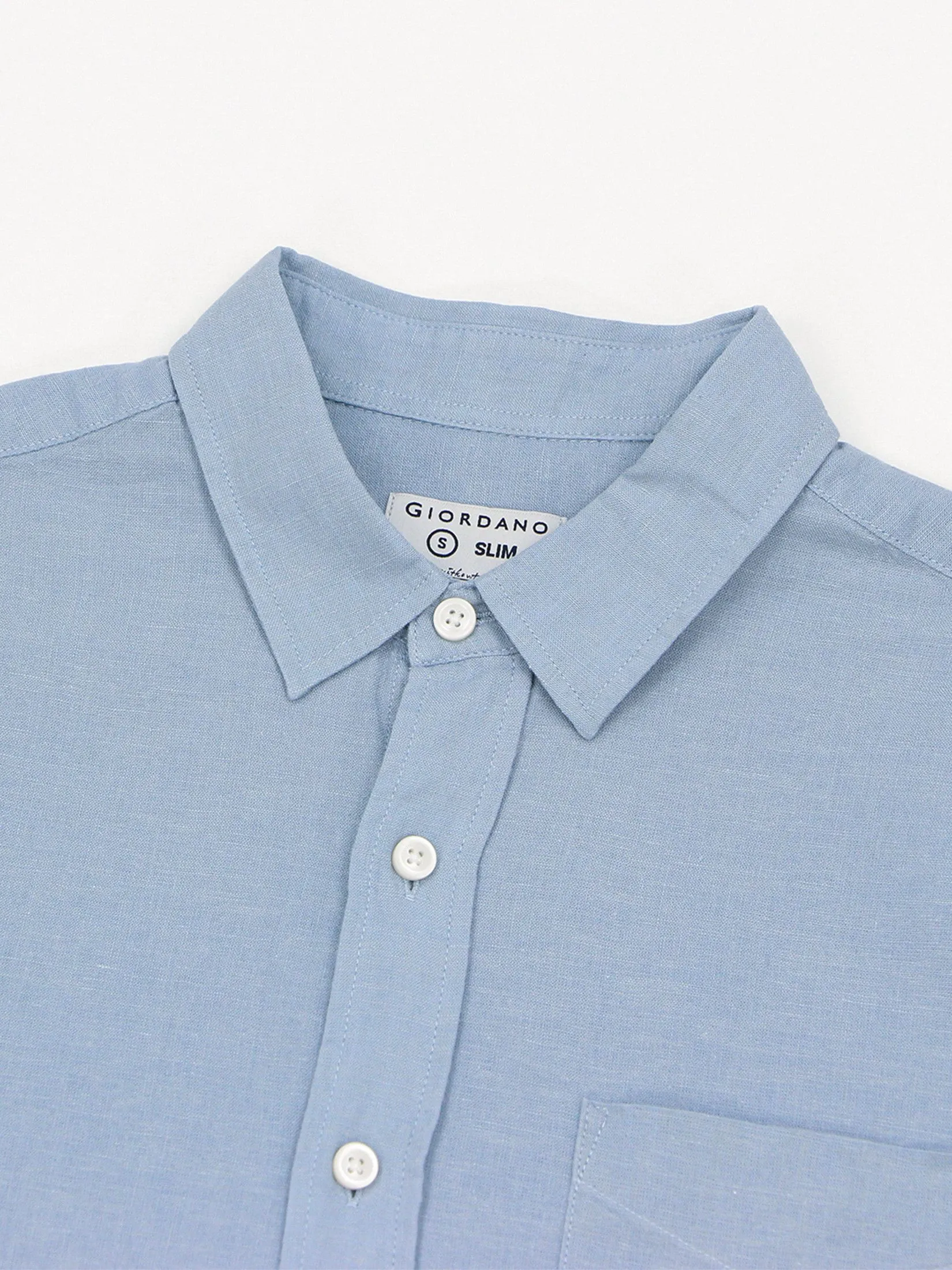 GIORDANO Men's Slim Poplin Linen Shirt Subdued blue