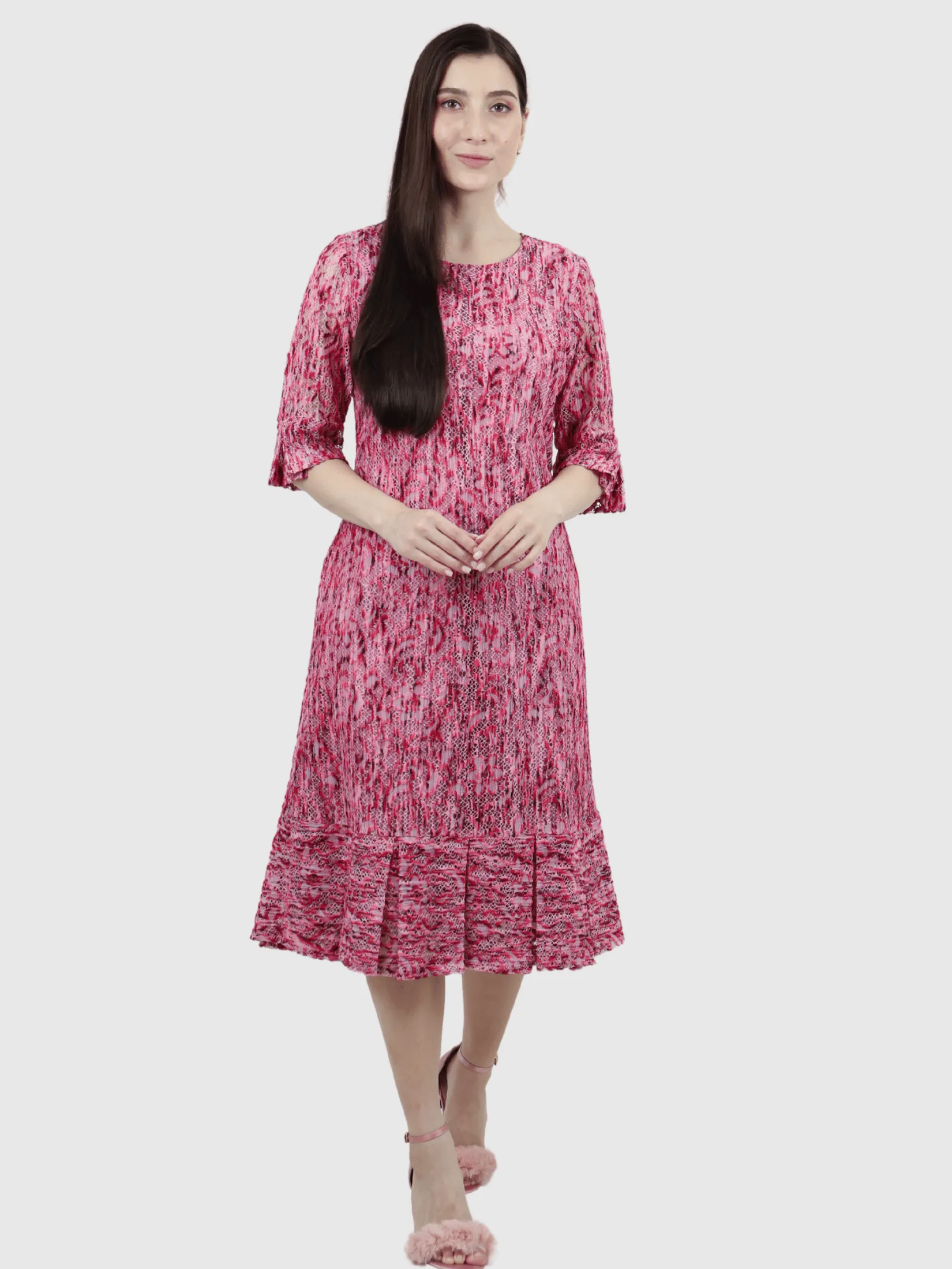 VERONIQA Women Dress Short Sleeves Fancy Lace Pink VERONIQA Women Dress Short Sleeves Fancy Lace Pink