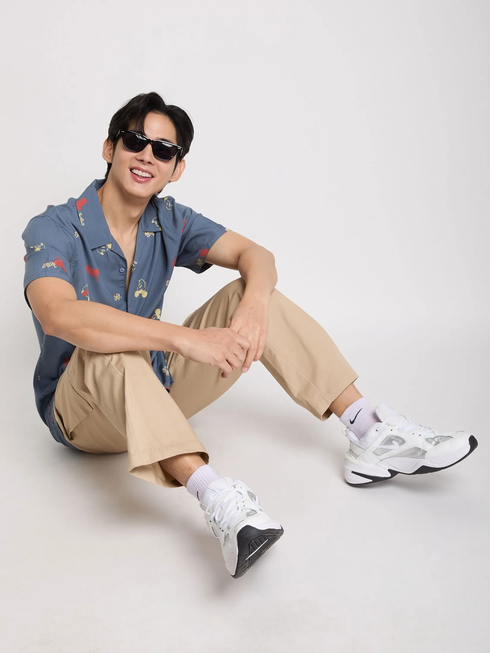 PACIFIC UNION Men Oversized Shirt Short Sleeves Mickey Mouse Graphic Printed Navy