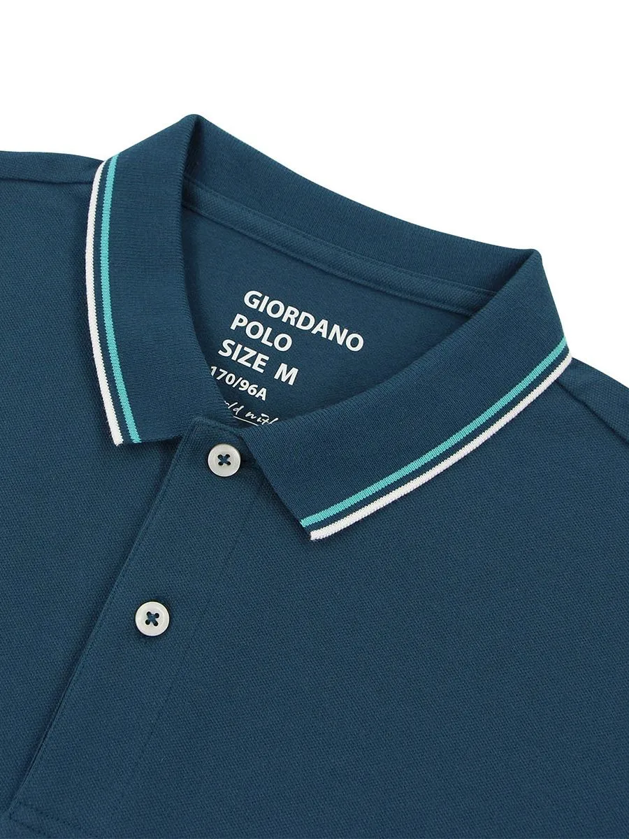 GIORDANO Men's Solid Cotton Lycra Short Sleeve Tapered Polo Mallard Blue GIORDANO Men's Solid Cotton Lycra Short Sleeve Tapered Polo Mallard Blue