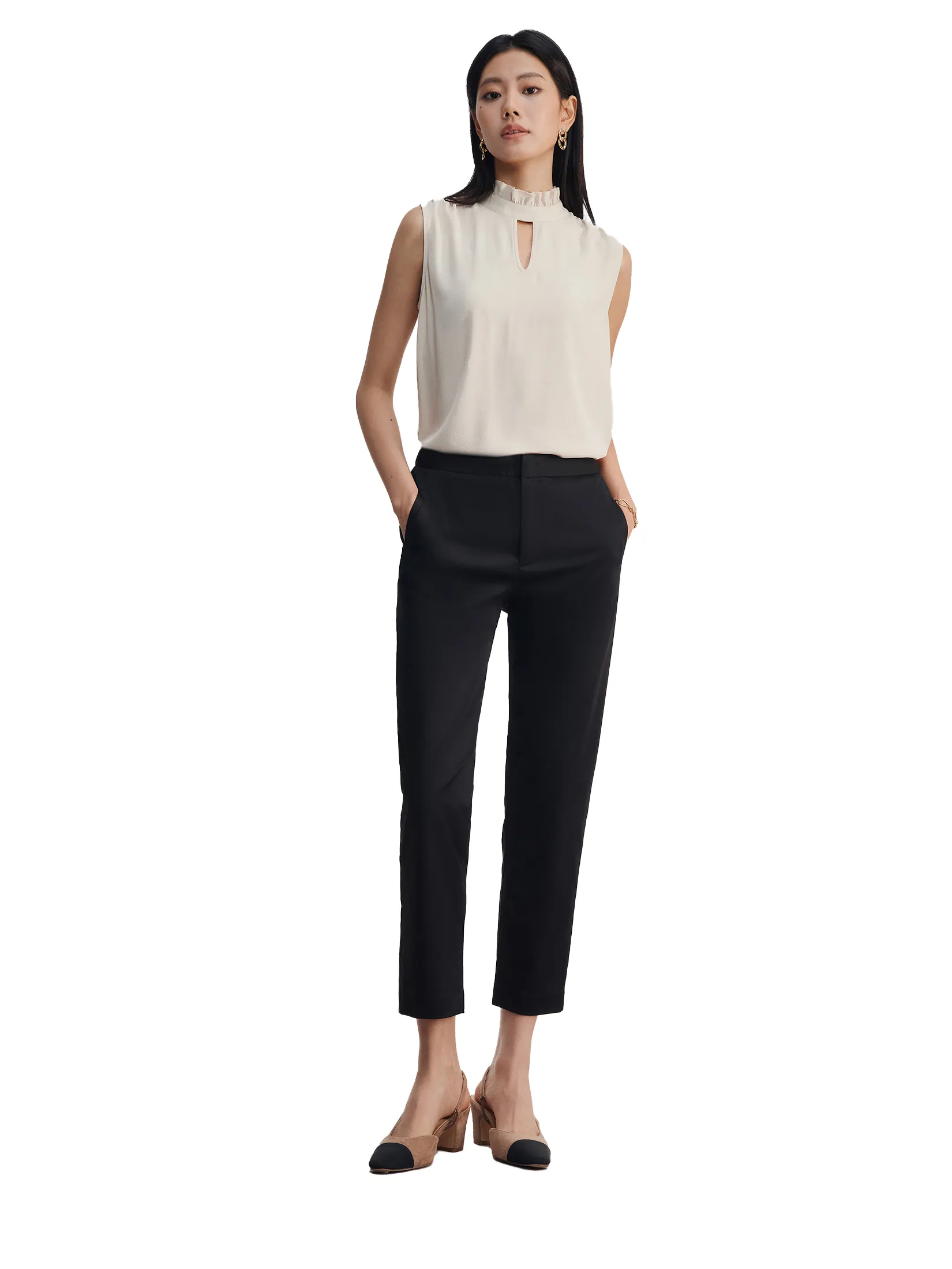 G2000 Women Clothing Cotton Blend Spandex Satin Casual Pants W/ Elastic Waistband Cropped Cigarette Shape - Black G2000 Women Clothing Cotton Blend Spandex Satin Casual Pants W/ Elastic Waistband Cropped Cigarette Shape - Black