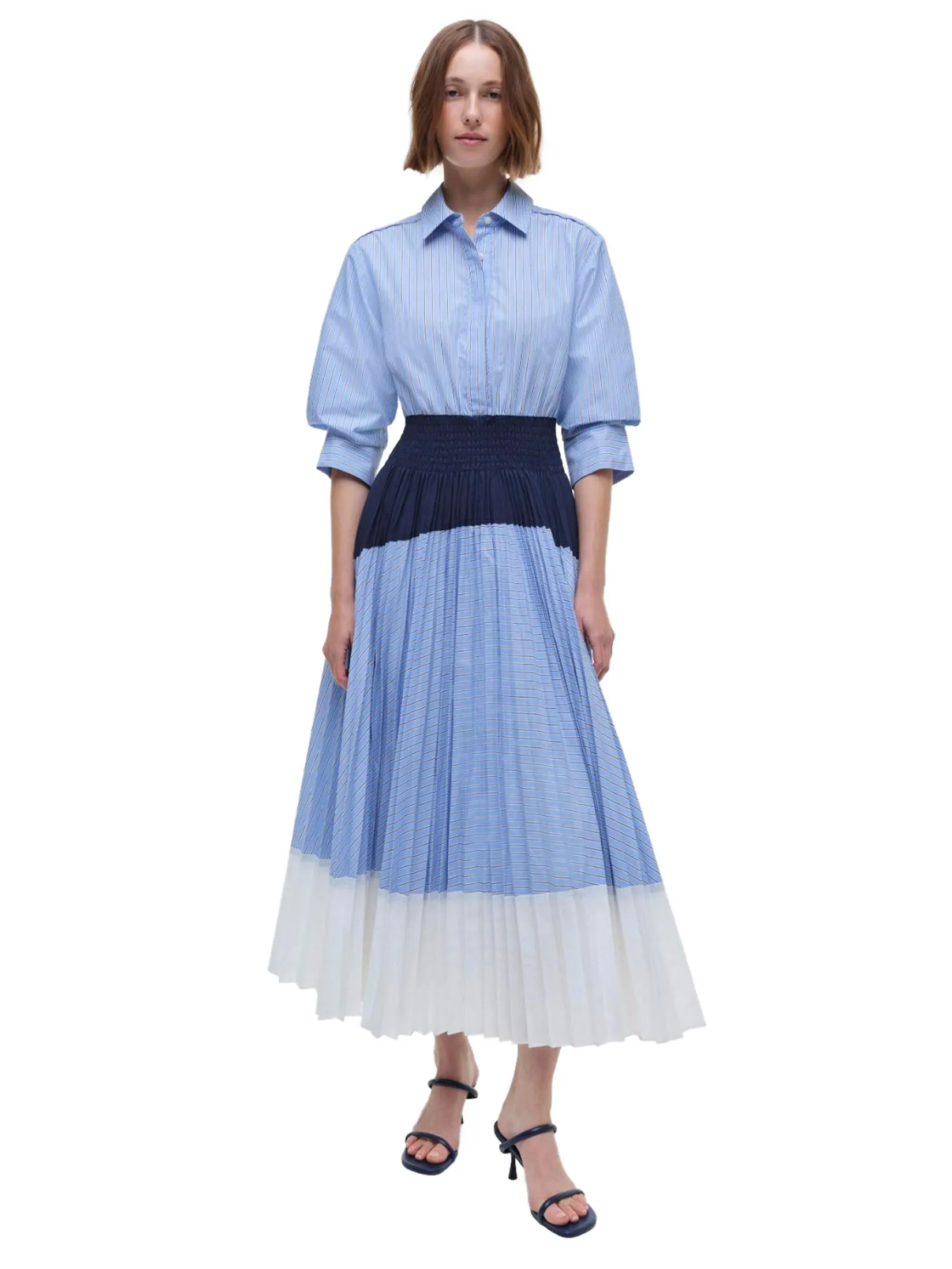 SIMKHAI Women Midi Dress Jenella Pleated Combo Harbor Blue Stripe SIMKHAI Women Midi Dress Jenella Pleated Combo Harbor Blue Stripe
