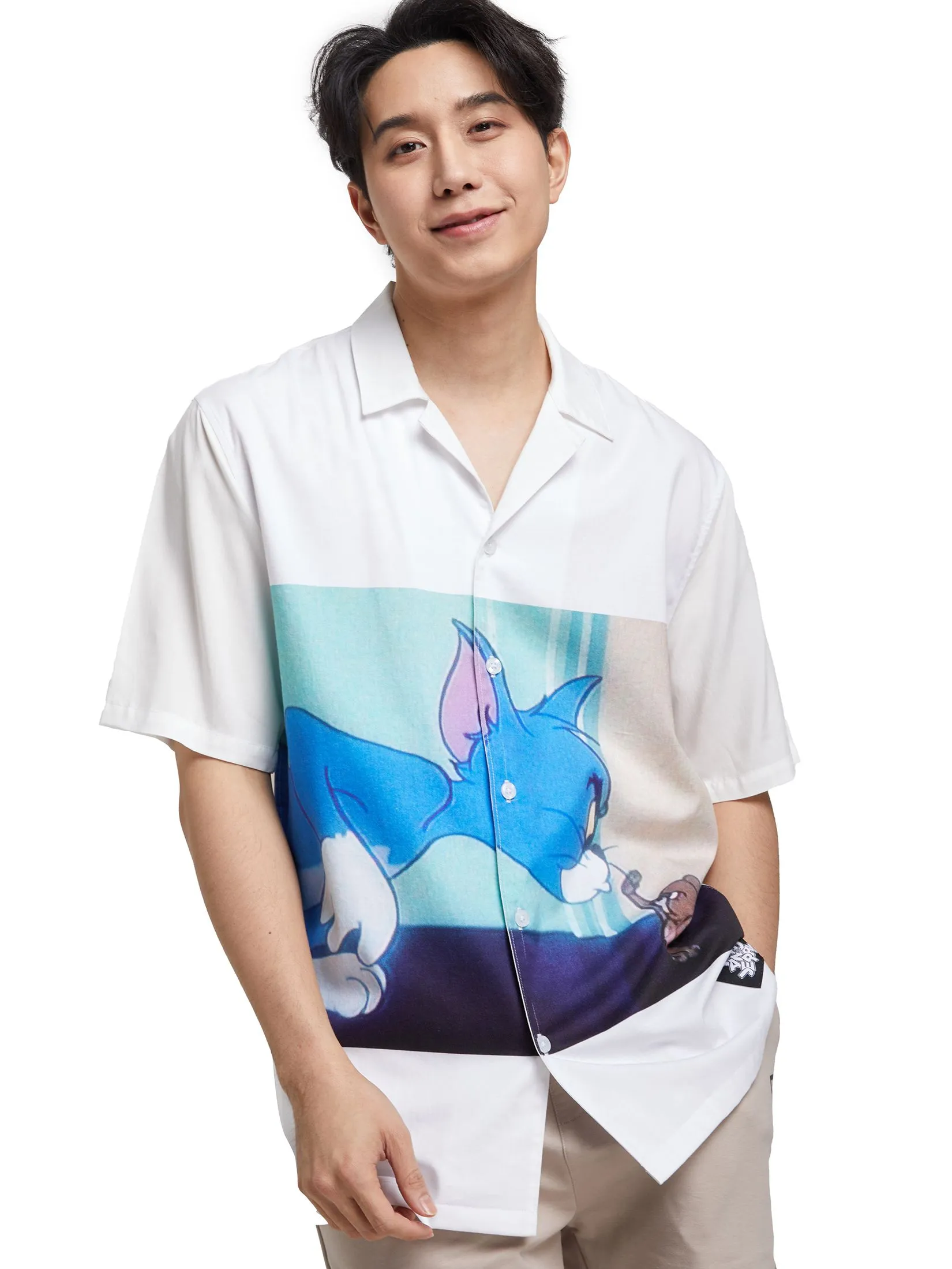 PACIFIC UNION Men Shirt Short Sleeve Oversize Tom and Jerry White