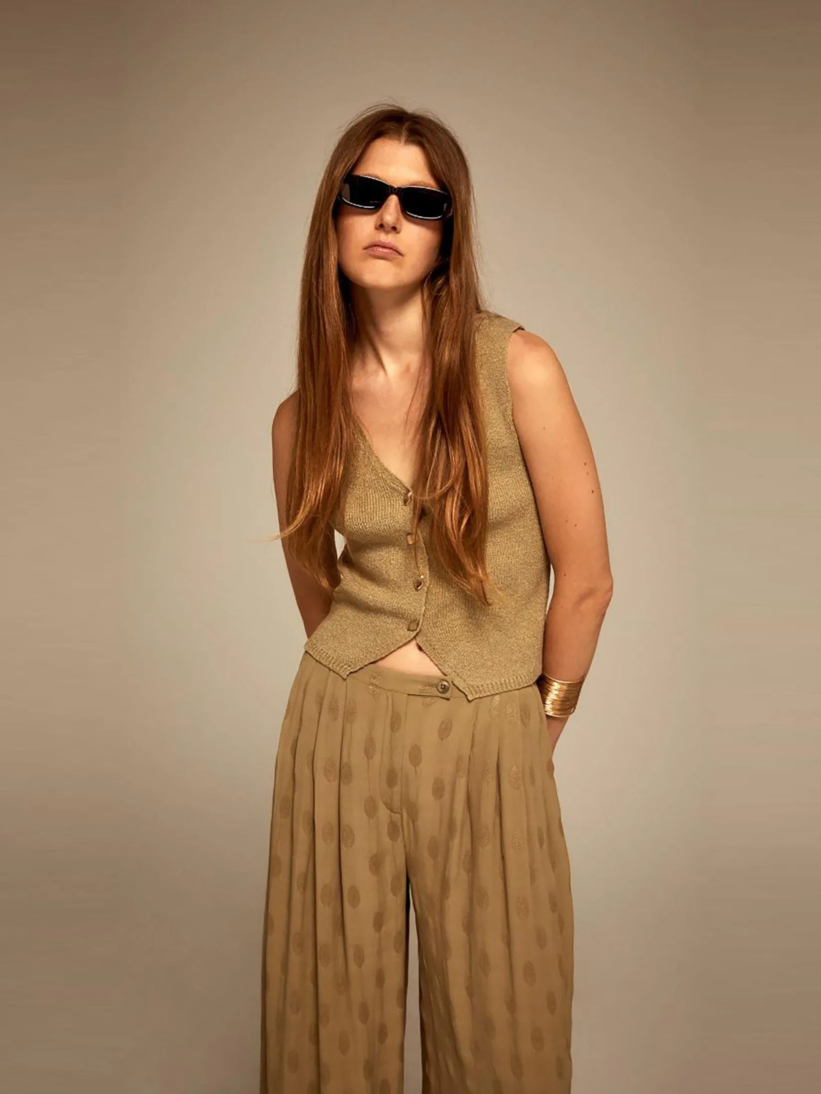 SFERA Women Trousers Fluid Jacquard Khaki Green SFERA Women Trousers Fluid Jacquard Khaki Green
