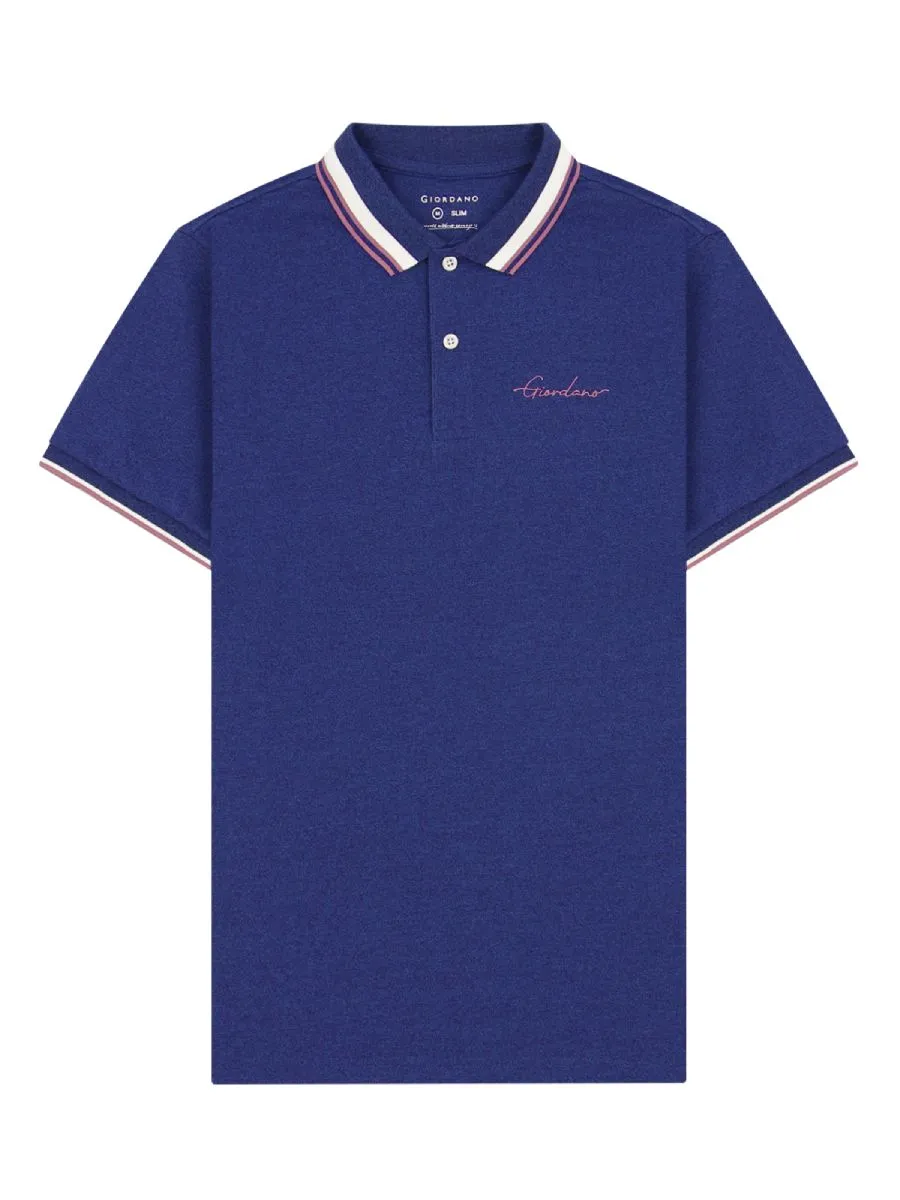 GIORDANO Men's Signature Pique Embroidery Solid Polo Melange Key Largo Blue GIORDANO Men's Signature Pique Embroidery Solid Polo Melange Key Largo Blue