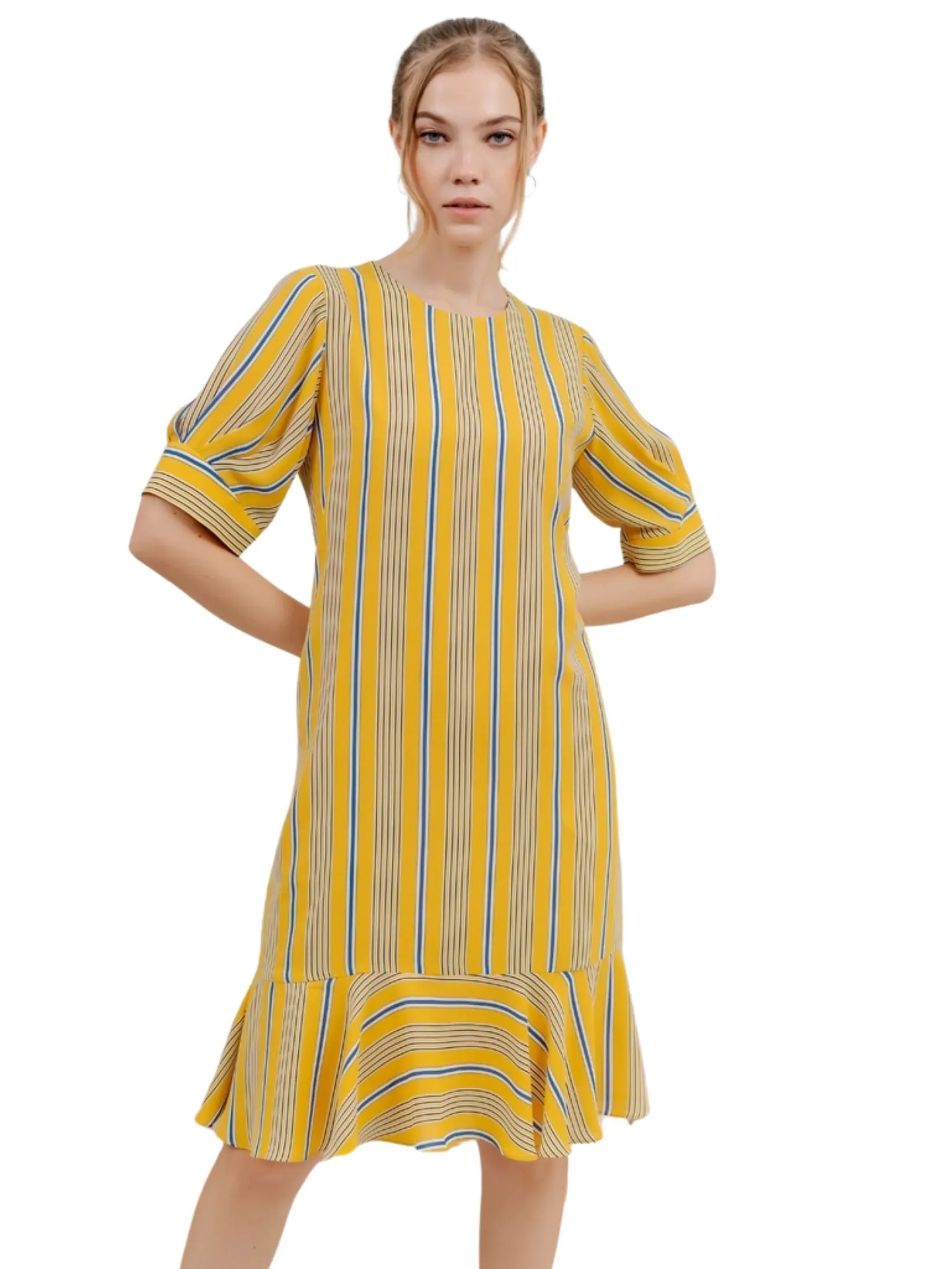 VERONIQA Women Dress Short Sleeves Chiffon Print Yellow VERONIQA Women Dress Short Sleeves Chiffon Print Yellow