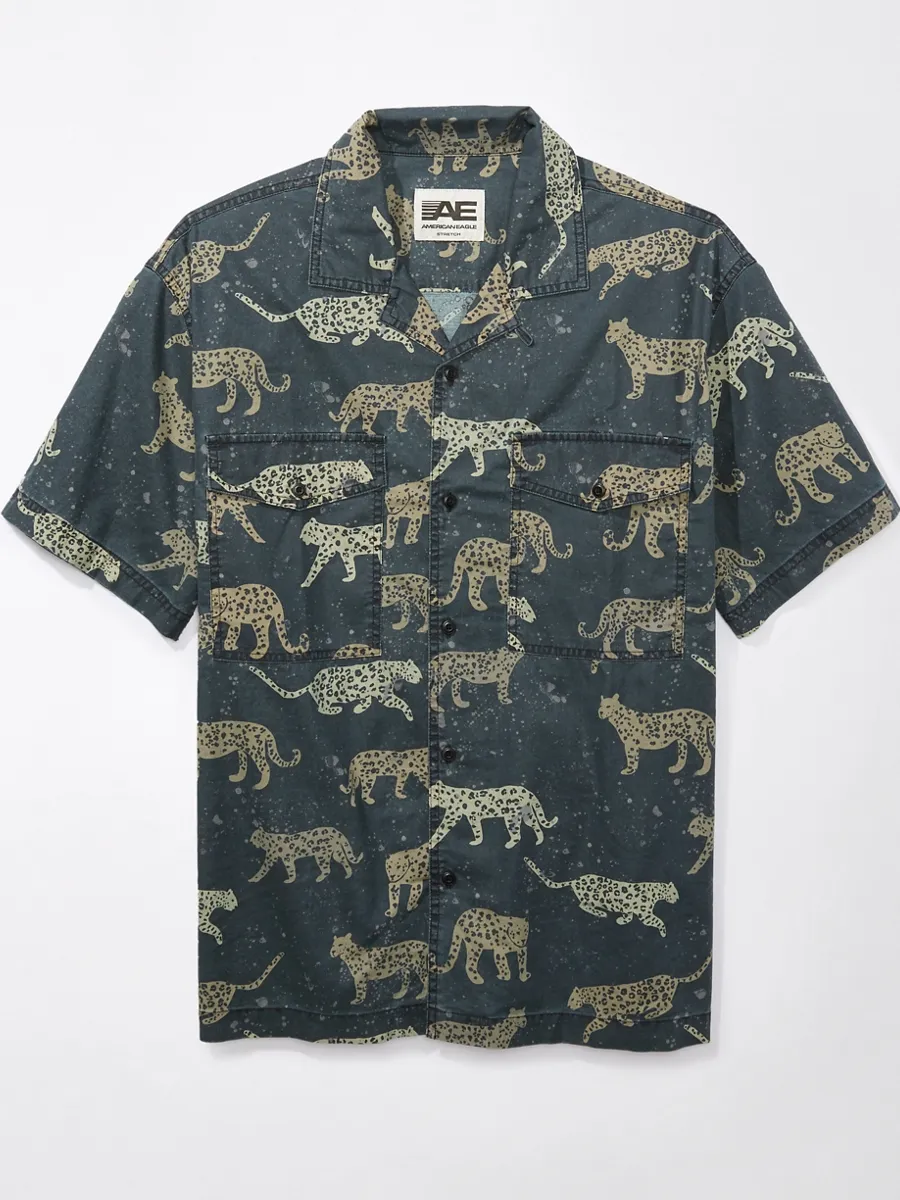 American Eagle MEN JOHNNY JAGUARS SS OVERSIZED 2 PKT CAMP COLLAR STAFFORD FADE SHIRT 023 DUSTED SLATE