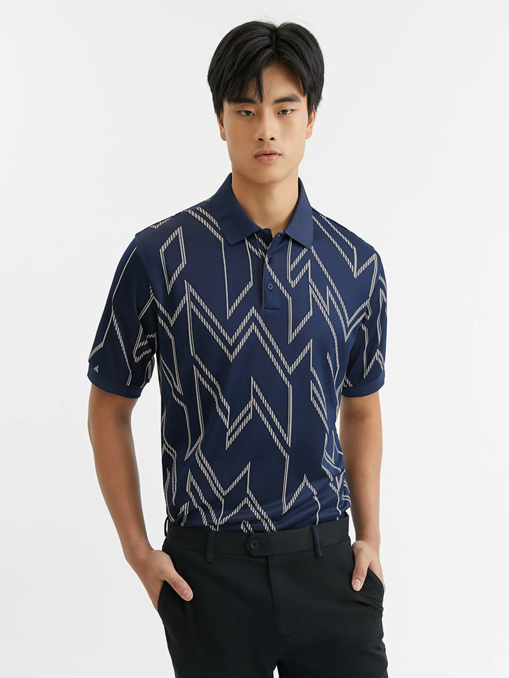 DAPPER Men Rope Chevron Jacquard Polo Shirt Navy DAPPER Men Rope Chevron Jacquard Polo Shirt Navy