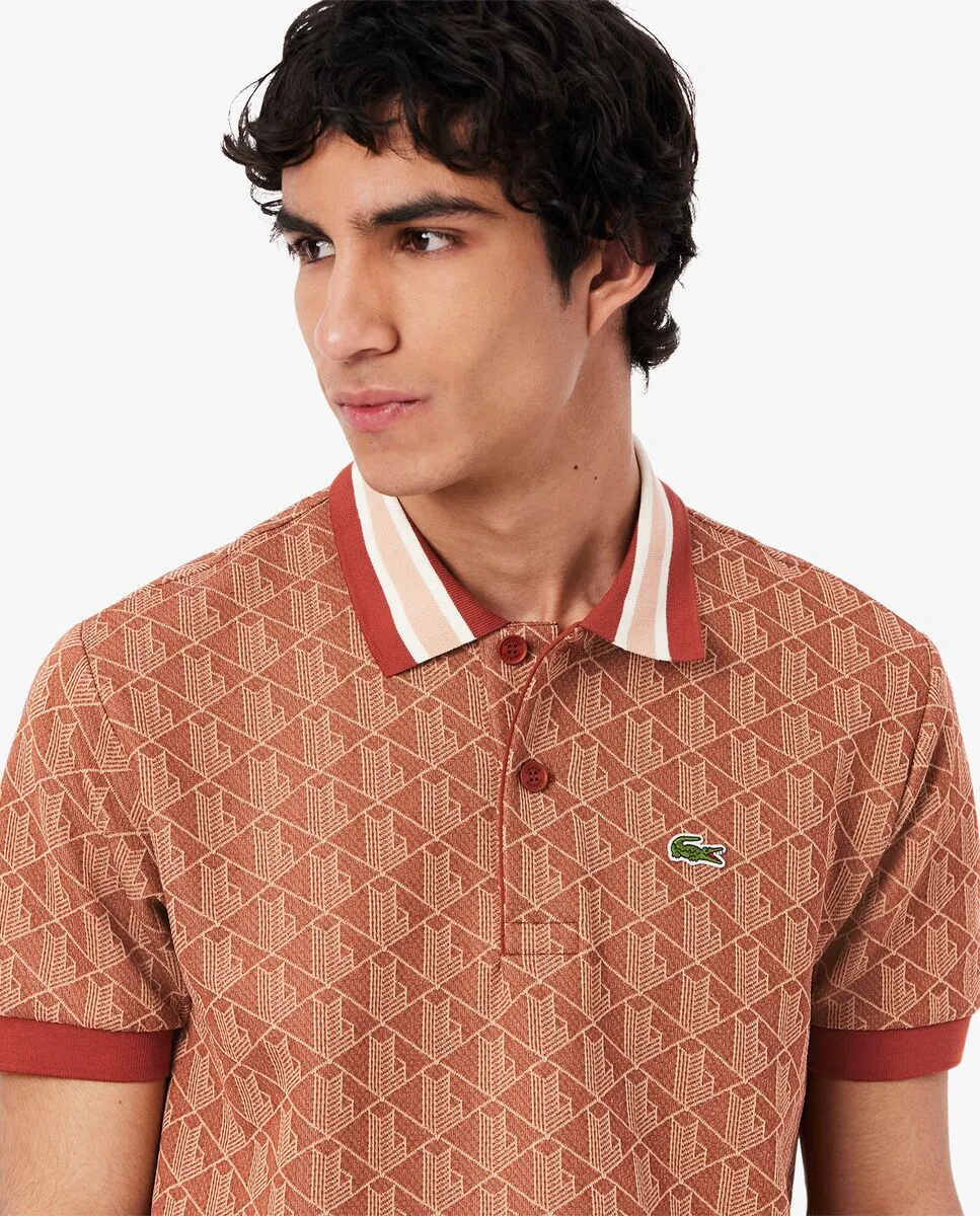 LACOSTE Classic Fit Monogram Jacquard Polo Shirt Brown LACOSTE Classic Fit Monogram Jacquard Polo Shirt Brown