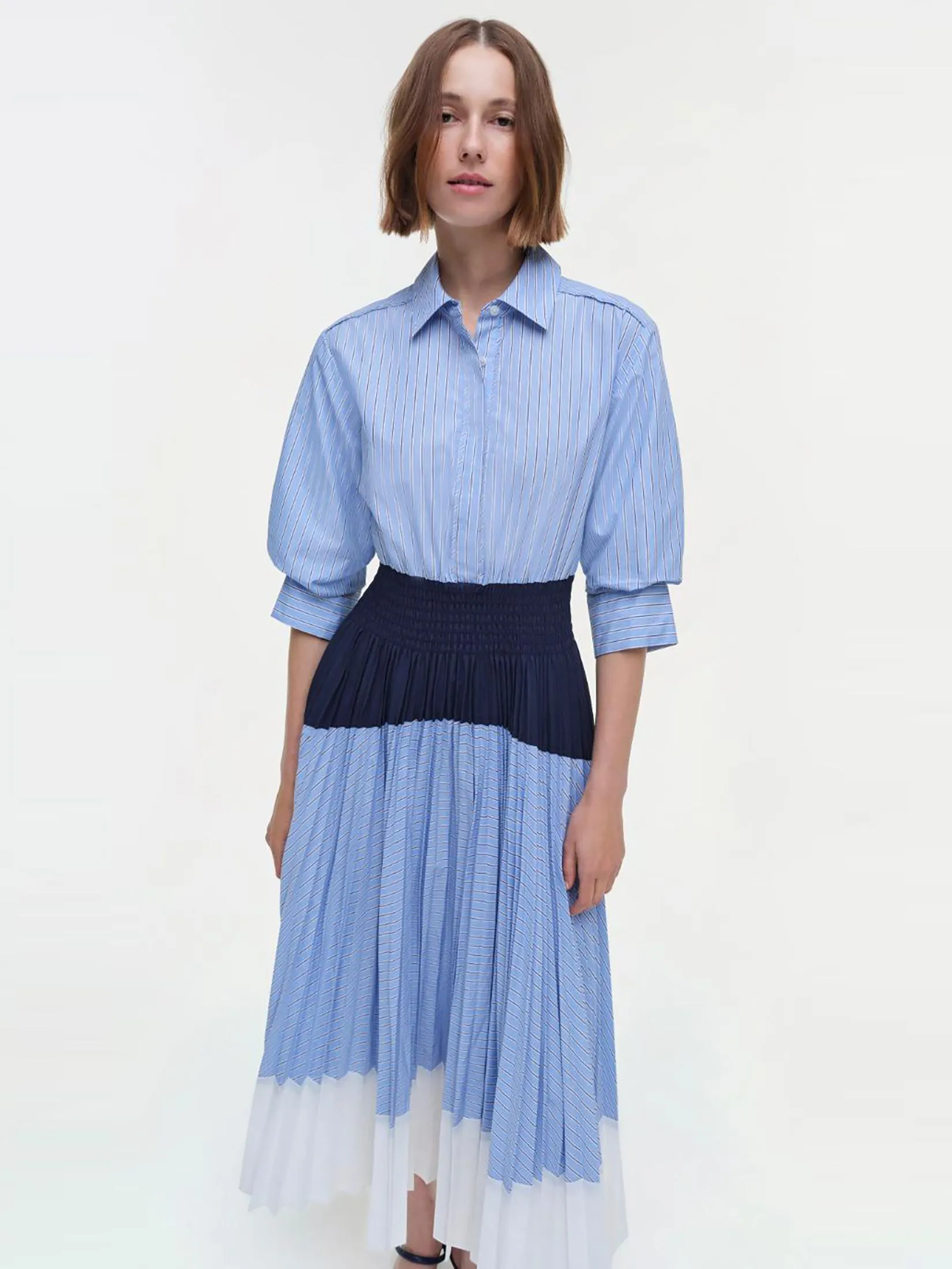 SIMKHAI Women Midi Dress Jenella Pleated Combo Harbor Blue Stripe SIMKHAI Women Midi Dress Jenella Pleated Combo Harbor Blue Stripe