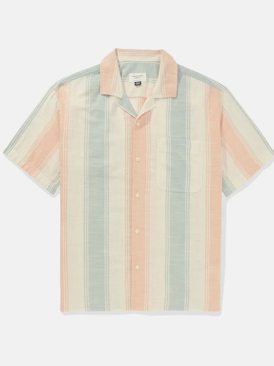 American Eagle MEN JON STRIPE SS OVERSIZED CAMP COLLAR SLUB COTTON SHIRT 800 ORANGE American Eagle MEN JON STRIPE SS OVERSIZED CAMP COLLAR SLUB COTTON SHIRT 800 ORANGE