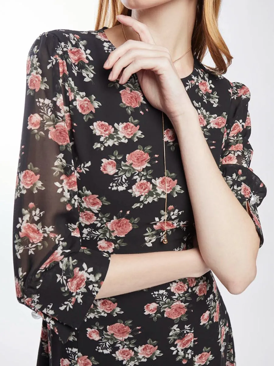 ESPADA Rose Print Chiffon Dress Women Black ESPADA Rose Print Chiffon Dress Women Black