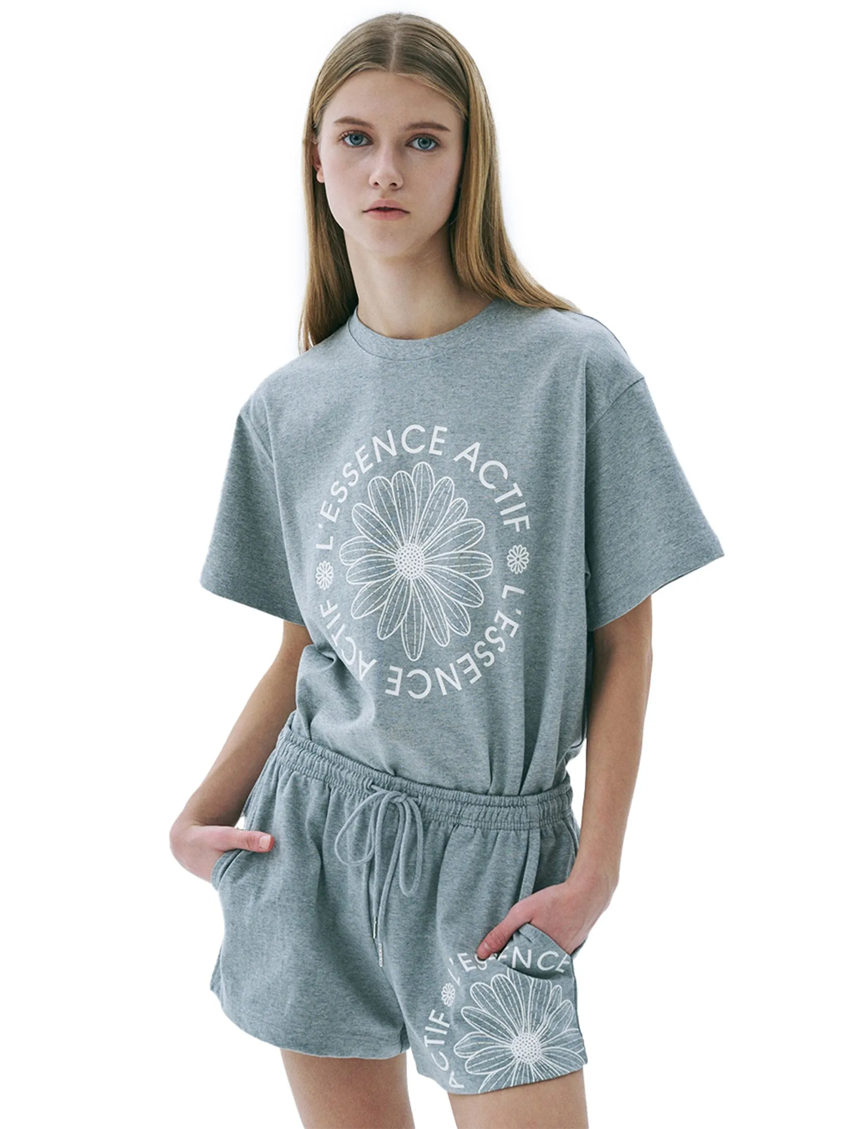 MARDI MERCREDI ACTIF Cotton Shorts Actif Emblem Melange Grey Ivory F MARDI MERCREDI ACTIF Cotton Shorts Actif Emblem Melange Grey Ivory F