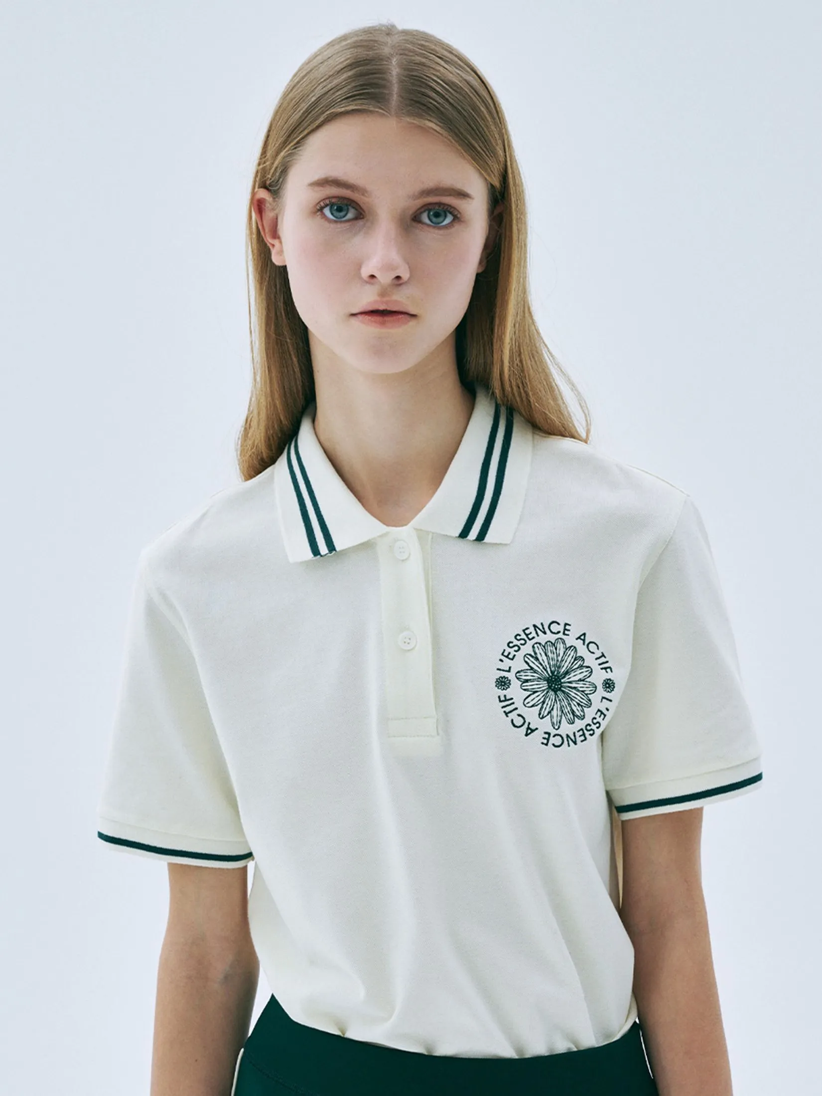 MARDI MERCREDI ACTIF Piquet T-Shirt Emblem Needlework Cream Deep Green F MARDI MERCREDI ACTIF Piquet T-Shirt Emblem Needlework Cream Deep Green F