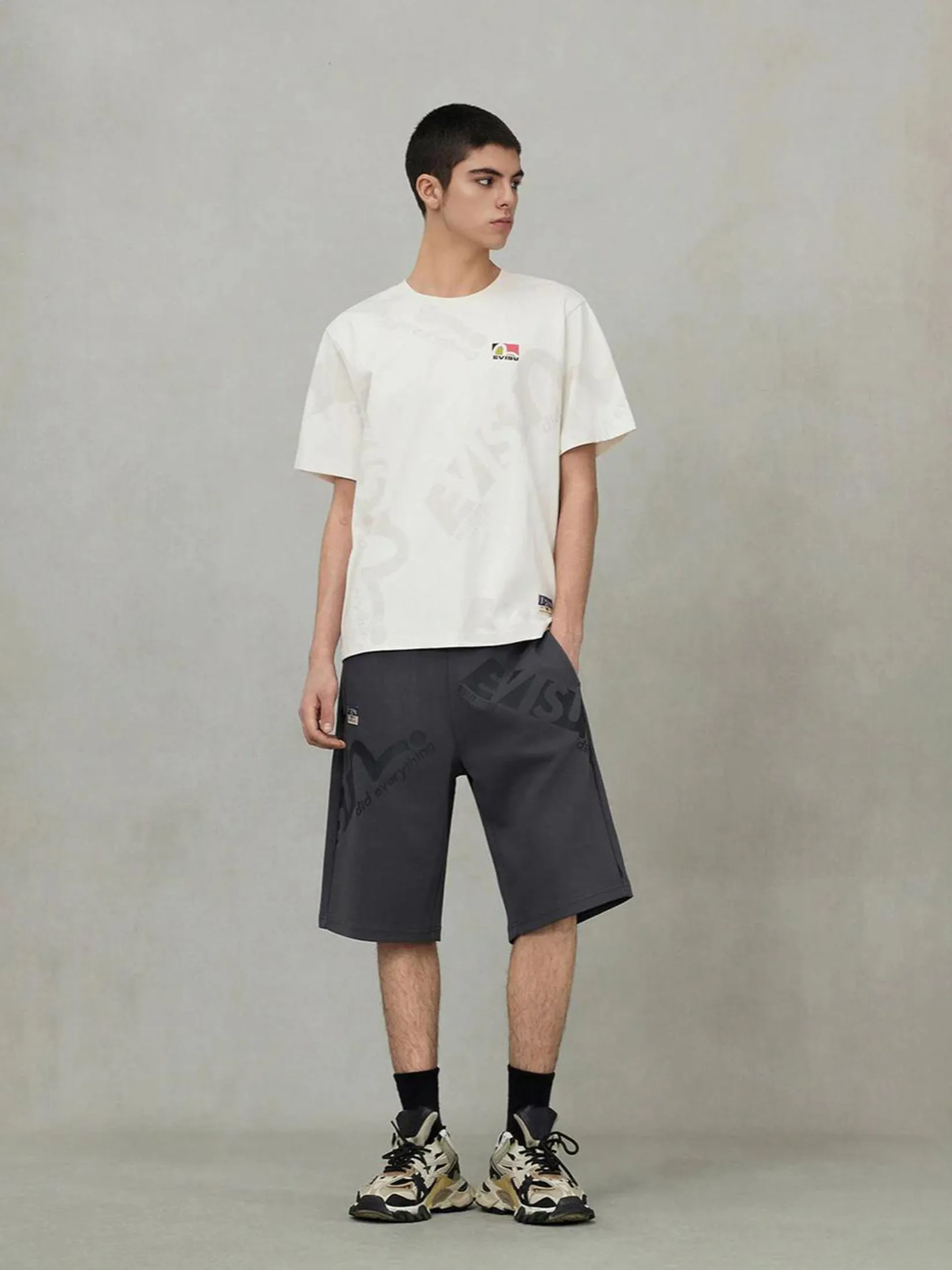 EVISU Men Sweatshorts Allover Logo and Seagull Print Regular Fit Charcoal