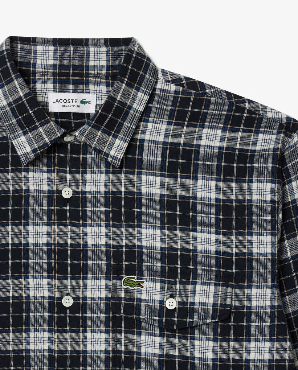 LACOSTE Relaxed Fit Plaid Flannel Overshirt Blue LACOSTE Relaxed Fit Plaid Flannel Overshirt Blue