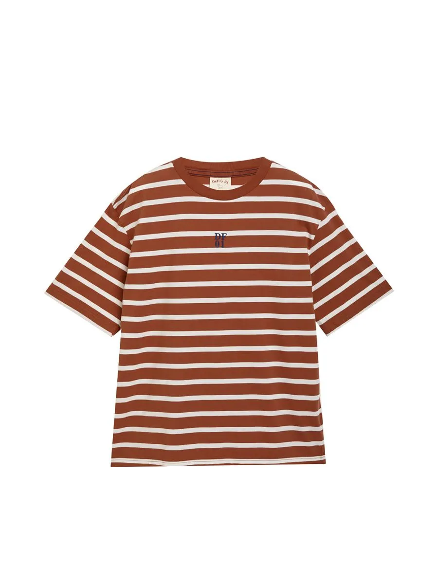 DEFRY 01 Men T-Shirt Crew Neck Short Sleeves Striped Printed Brown DEFRY 01 Men T-Shirt Crew Neck Short Sleeves Striped Printed Brown