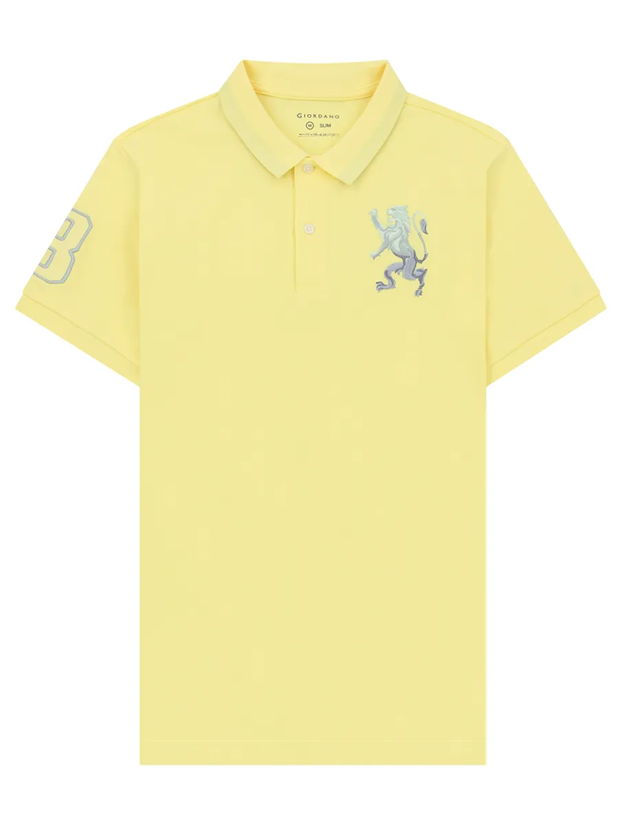 GIORDANO Men's Lycra Pique Embroidery Polo (3D Lion) Mellow Yellow GIORDANO Men's Lycra Pique Embroidery Polo (3D Lion) Mellow Yellow