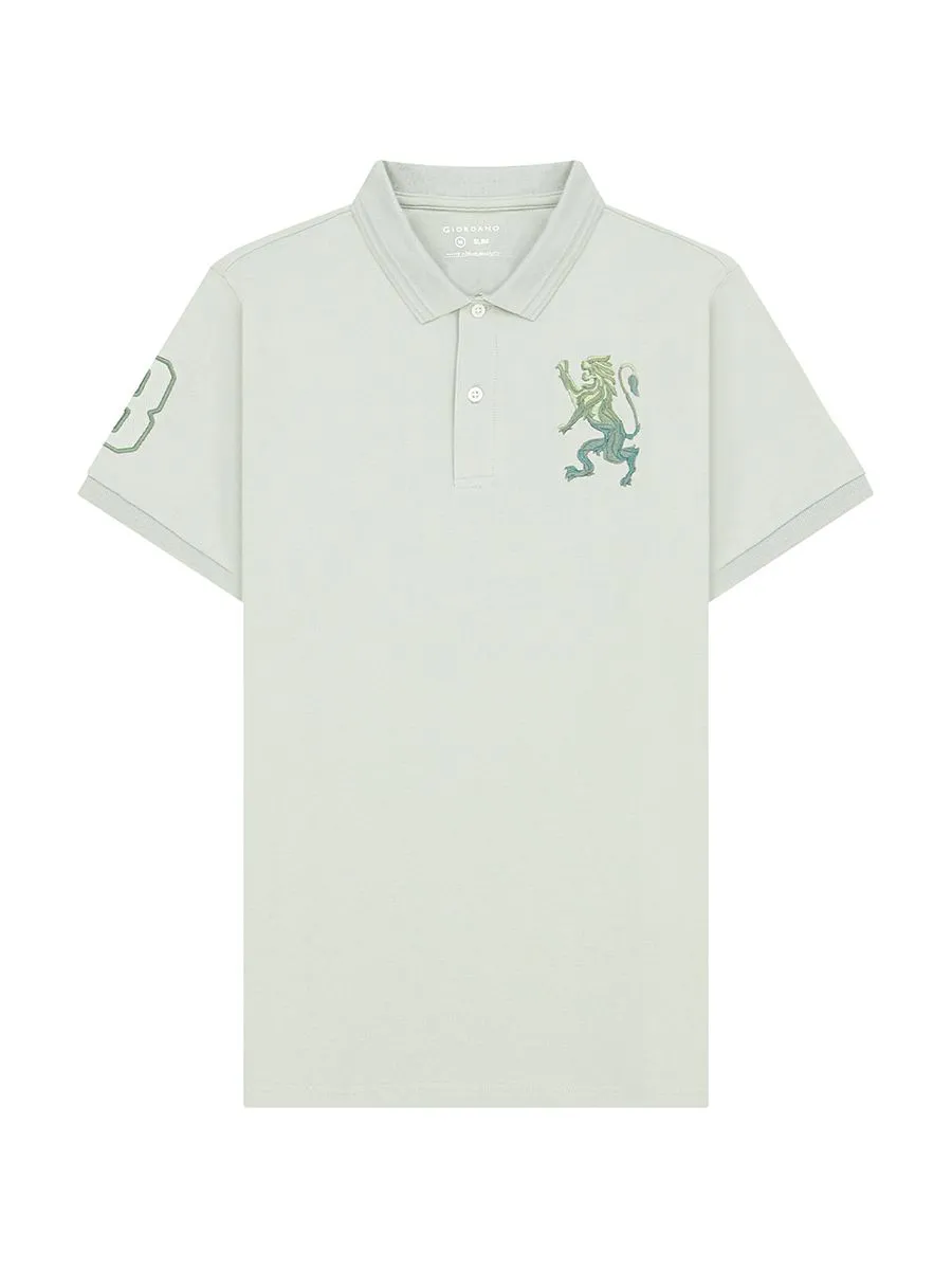 GIORDANO Men's Lycra Pique Embroidery Polo (3D Lion) Pale Pine Green GIORDANO Men's Lycra Pique Embroidery Polo (3D Lion) Pale Pine Green