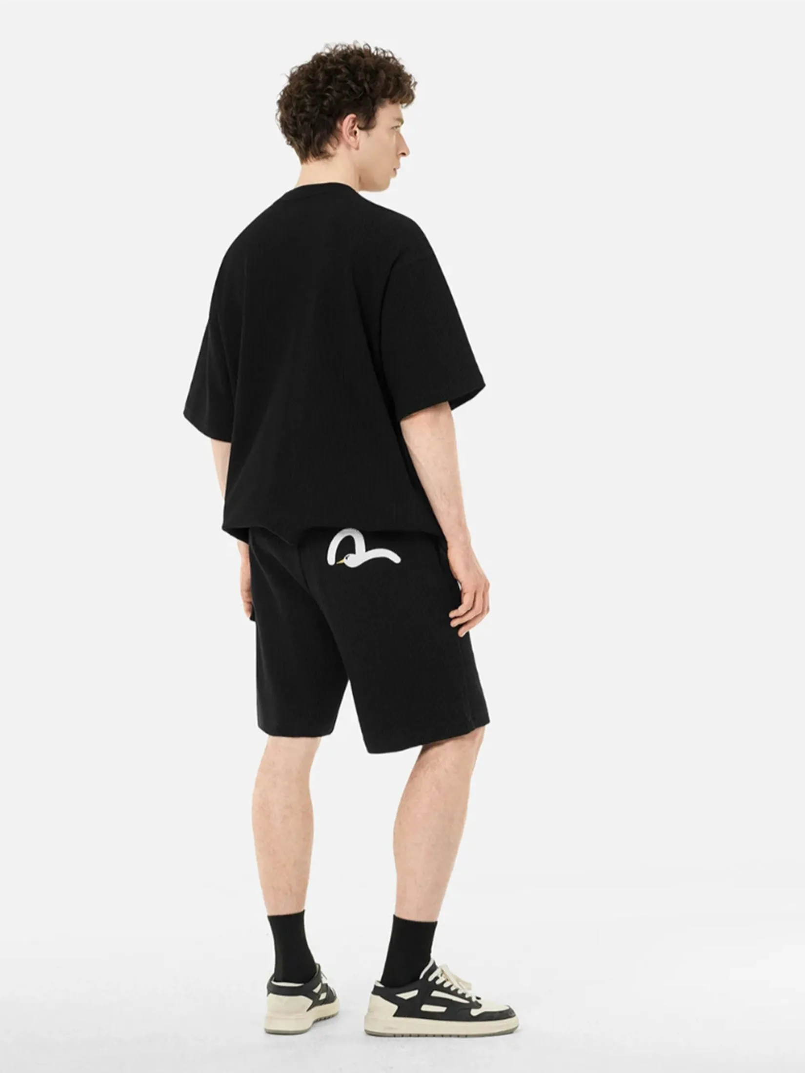 EVISU Men Sweatshirt Short-Sleeve Waffle Seagull and Logo Embroidery Oversized Black EVISU Men Sweatshirt Short-Sleeve Waffle Seagull and Logo Embroidery Oversized Black