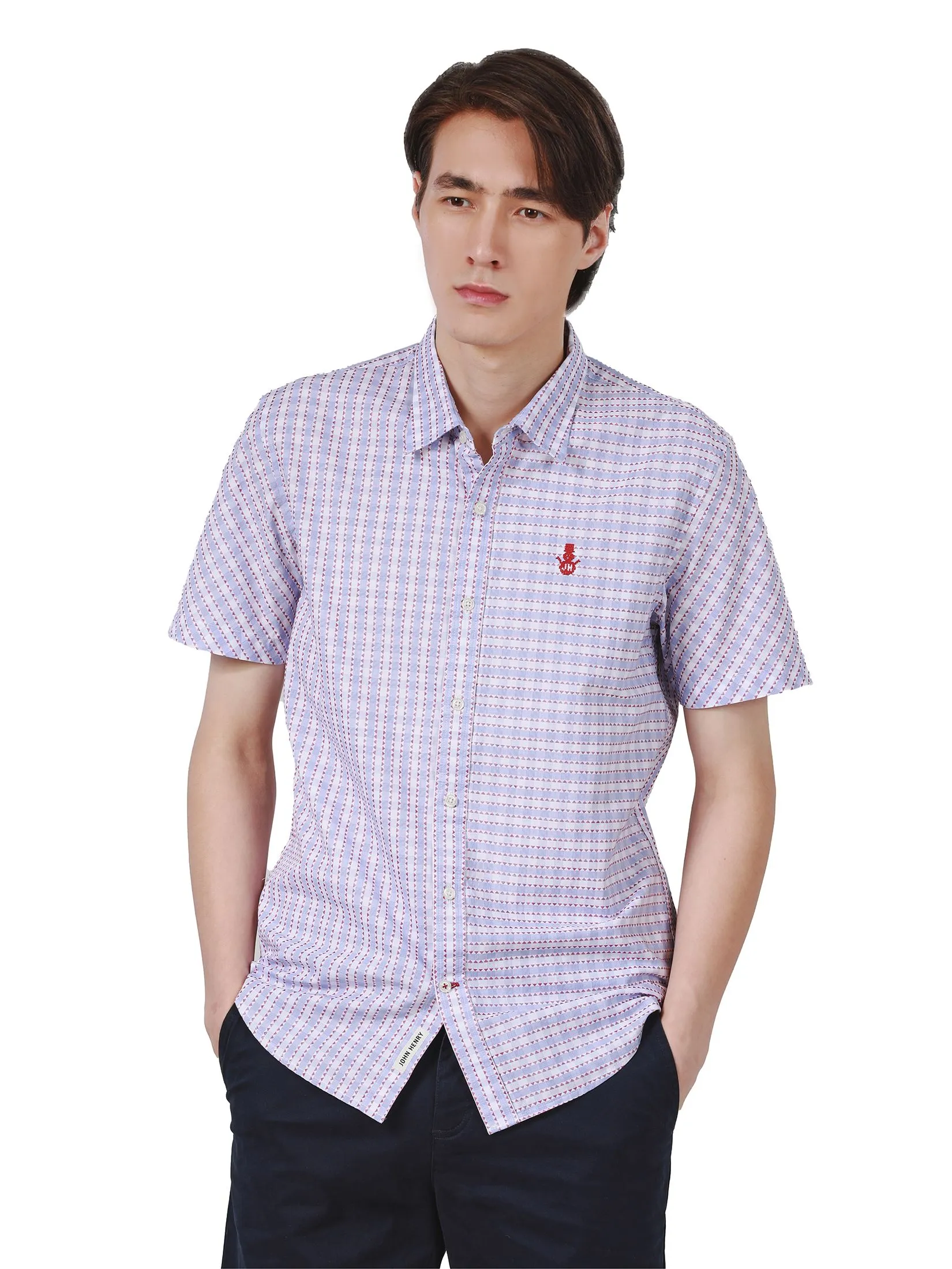 JOHN HENRY Men's Short Sleeves Shirts (Slim Fit) MERRY CHRISTMAS Blue