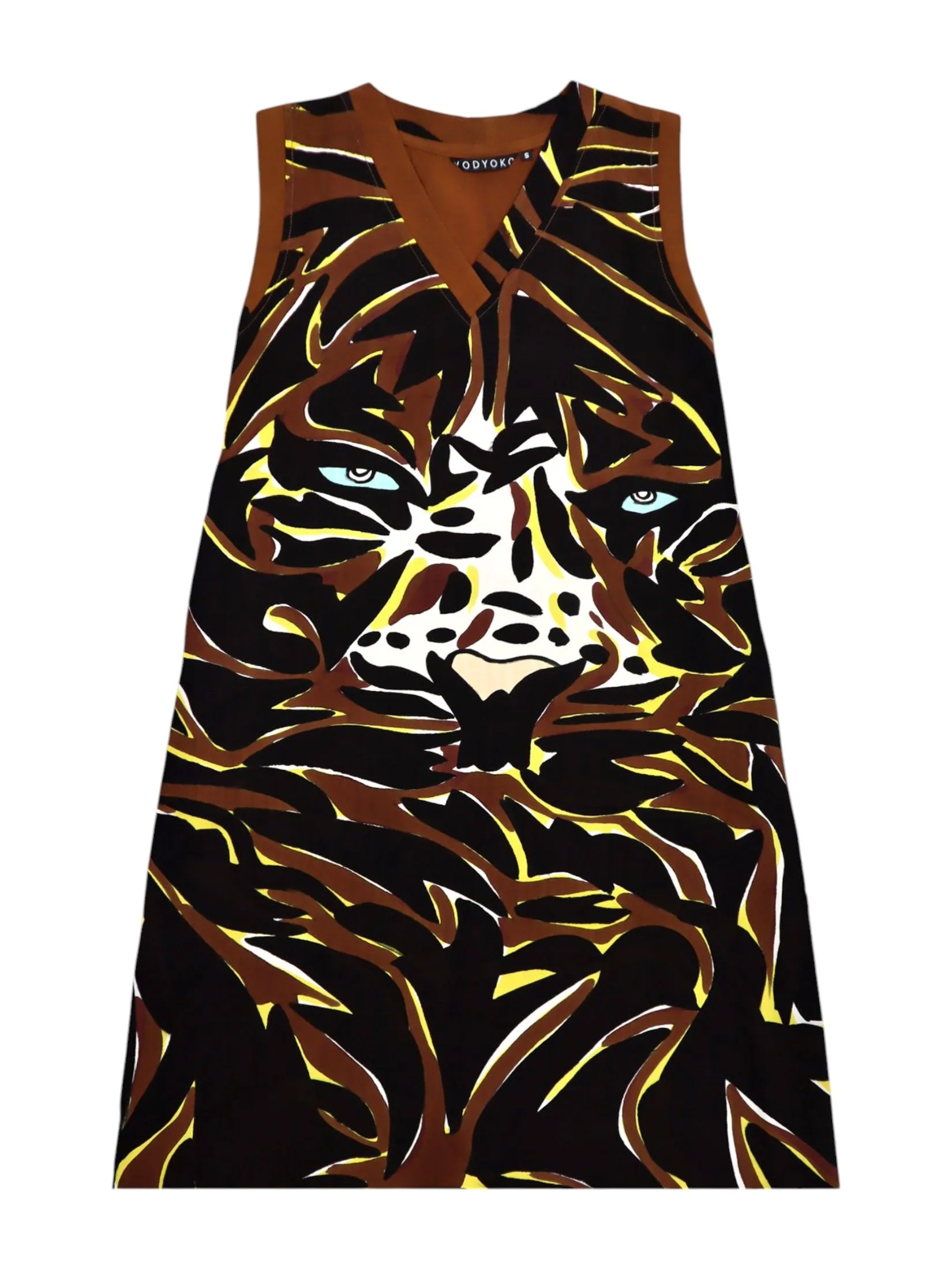 YODYOKO Woman Sleeveless Dress - Brown : Siberian Tiger, Blue Eyes YODYOKO Woman Sleeveless Dress - Brown : Siberian Tiger, Blue Eyes