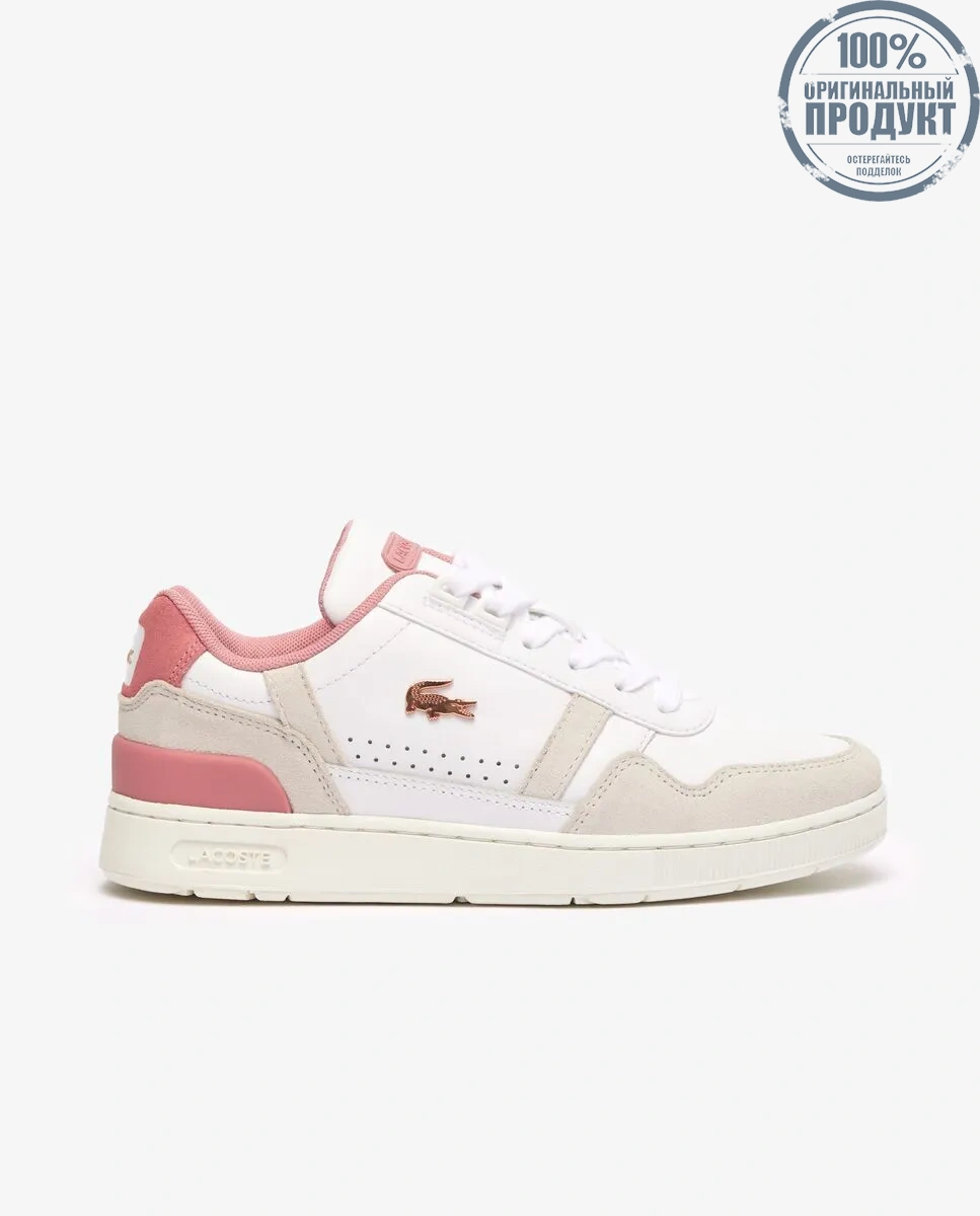 LACOSTE Women’s T-Clip Contrasted Leather Trainers White/Pink LACOSTE Women’s T-Clip Contrasted Leather Trainers White/Pink
