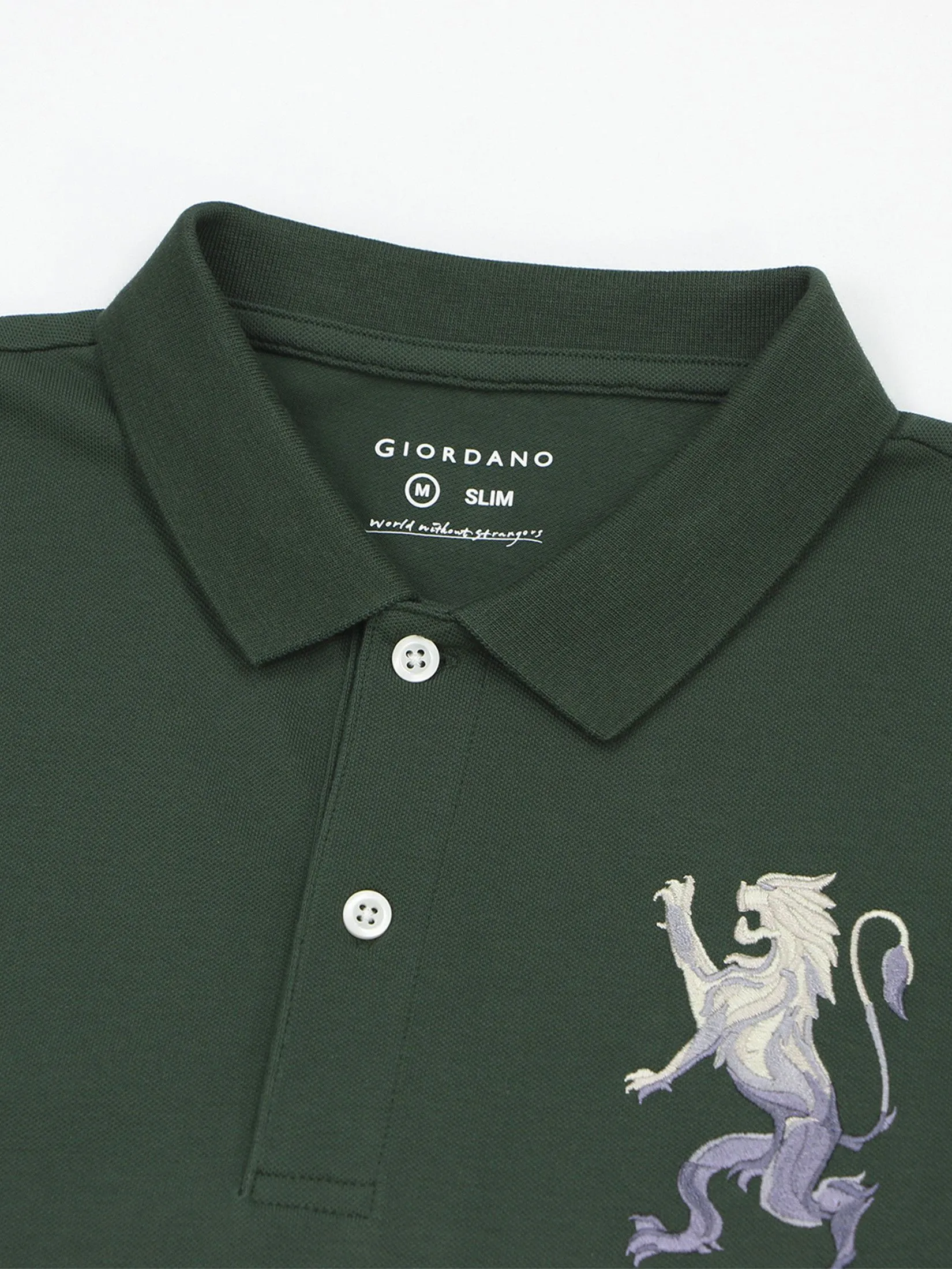 GIORDANO Men's Lycra Pique Embroidery Polo (3D Lion) Sycamore Green GIORDANO Men's Lycra Pique Embroidery Polo (3D Lion) Sycamore Green