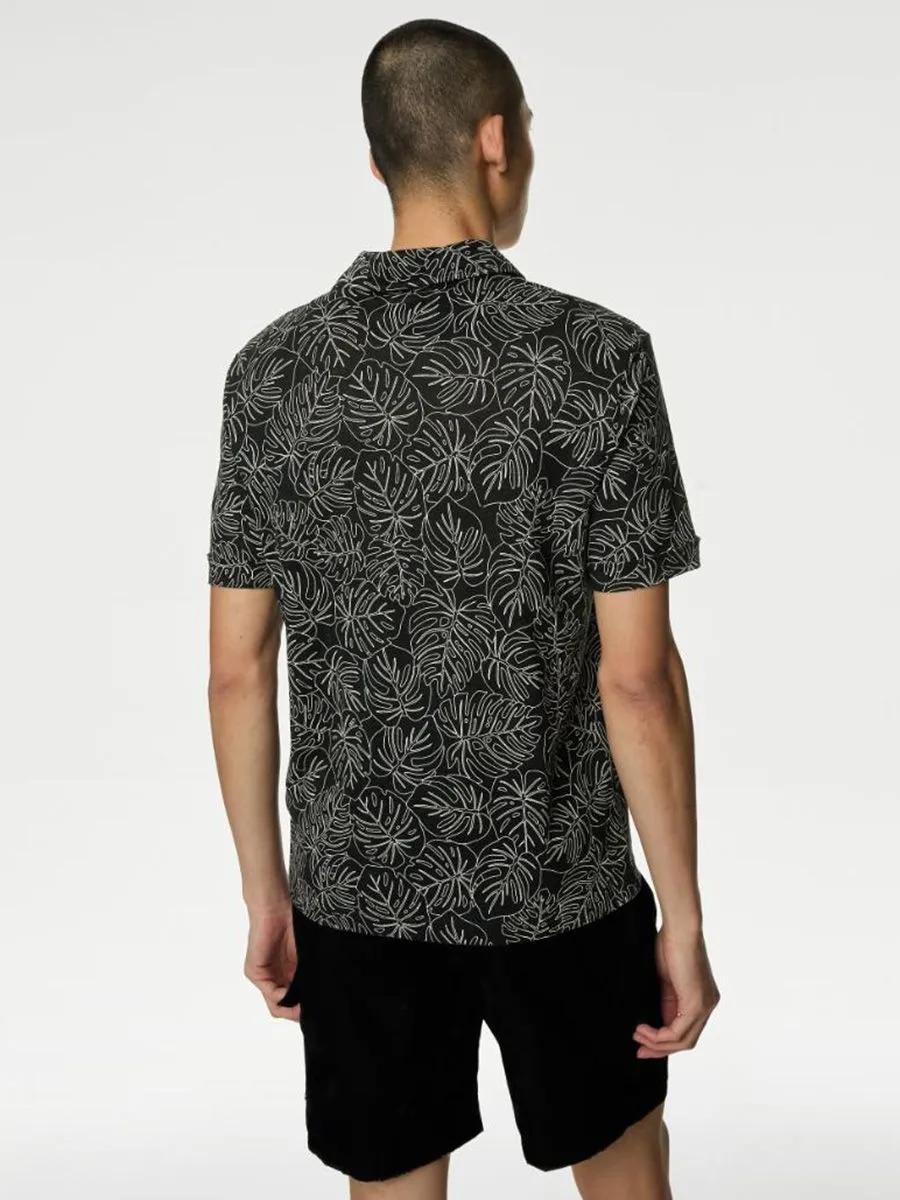 MARKS & SPENCER Men Polo Shirt Short Sleeves Pure Linen Leaf Print MARKS & SPENCER Men Polo Shirt Short Sleeves Pure Linen Leaf Print