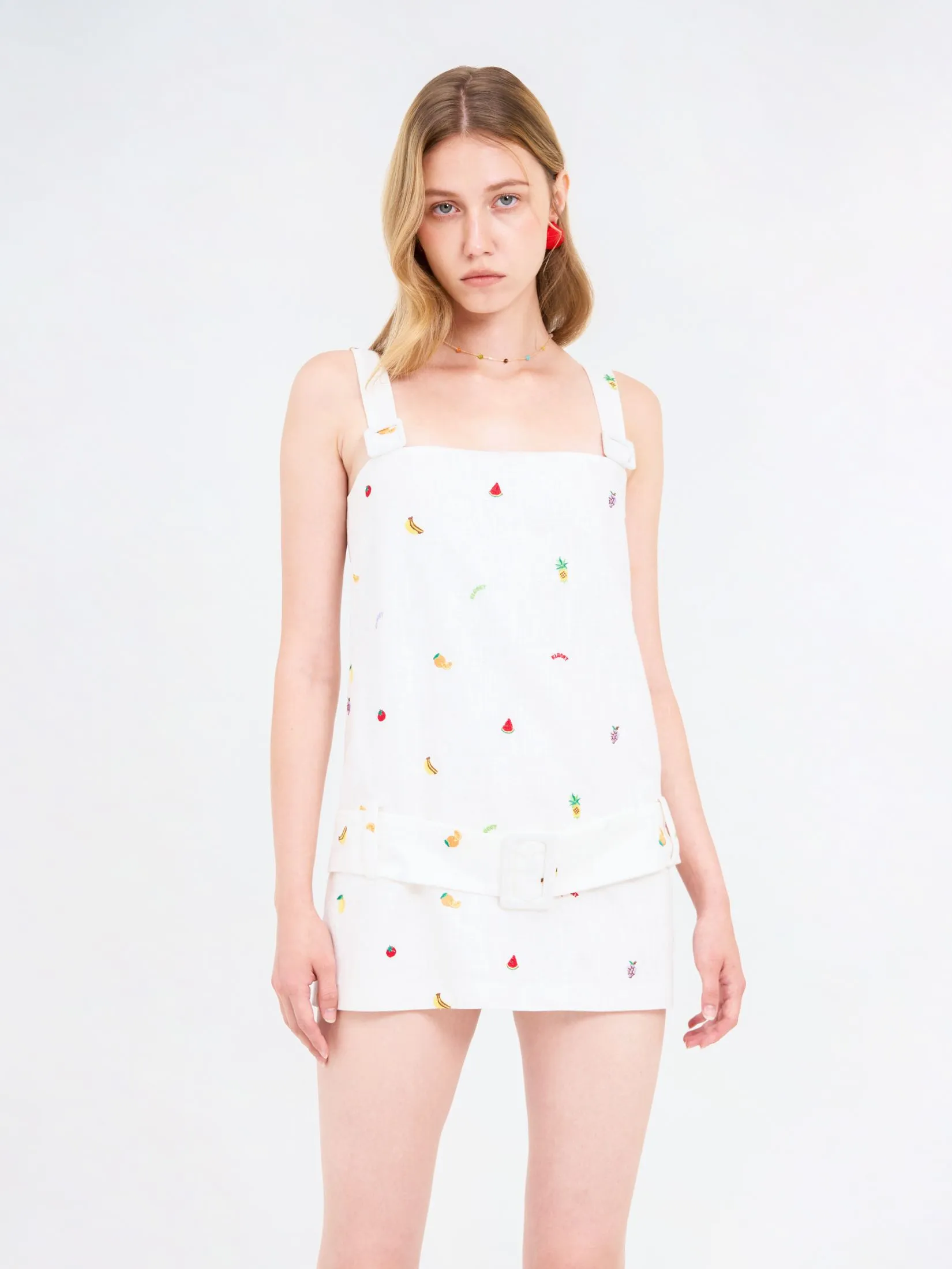 KLOSET (SS25) Women Tiny Fruit Embroidered Contrast Waist Dress White KLOSET (SS25) Women Tiny Fruit Embroidered Contrast Waist Dress White