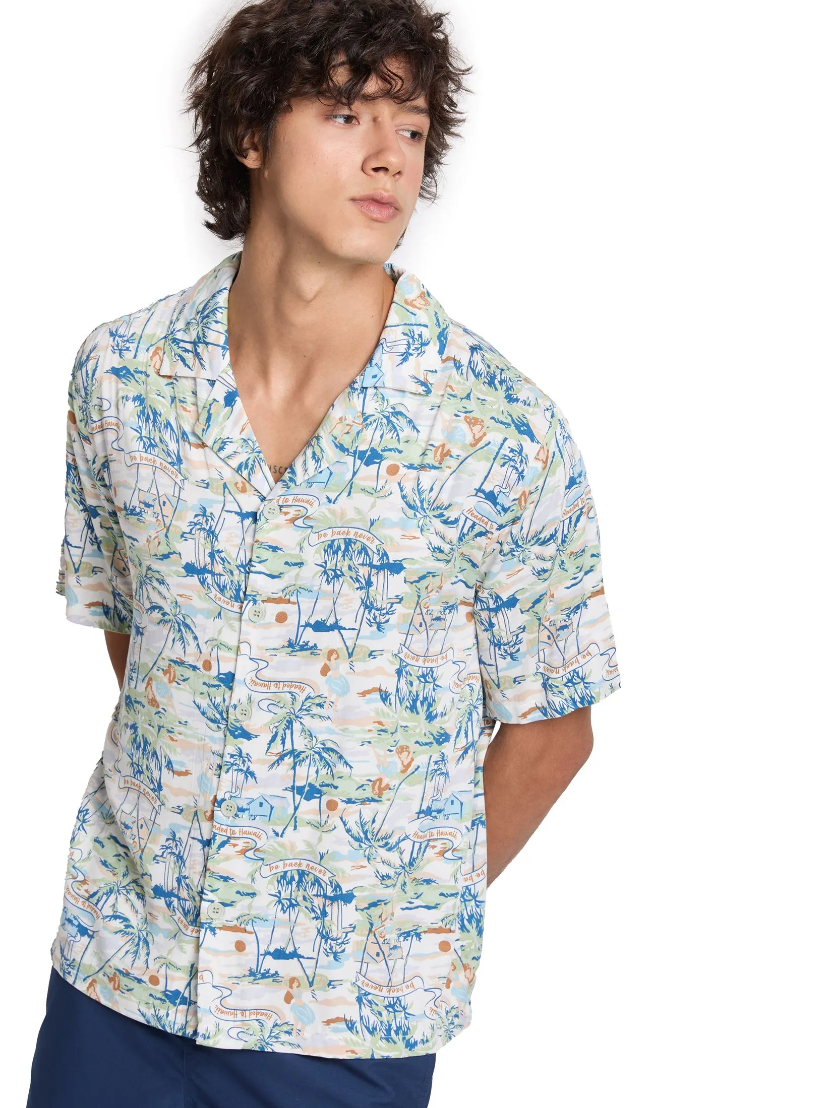 DEFRY 01 Men Shirt Short Sleeves Hawaiian Style Off White DEFRY 01 Men Shirt Short Sleeves Hawaiian Style Off White