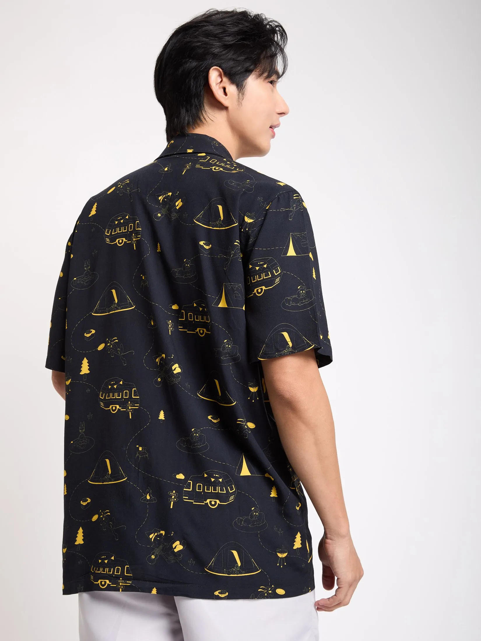 PACIFIC UNION Men Oversized Shirt Short Sleeves Mickey Mouse Graphic Printed Black
