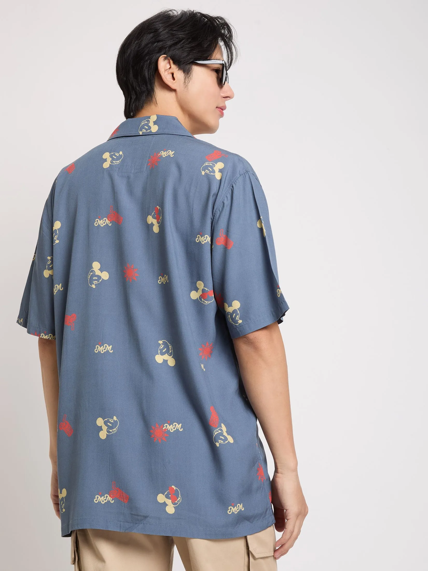 PACIFIC UNION Men Oversized Shirt Short Sleeves Mickey Mouse Graphic Printed Navy