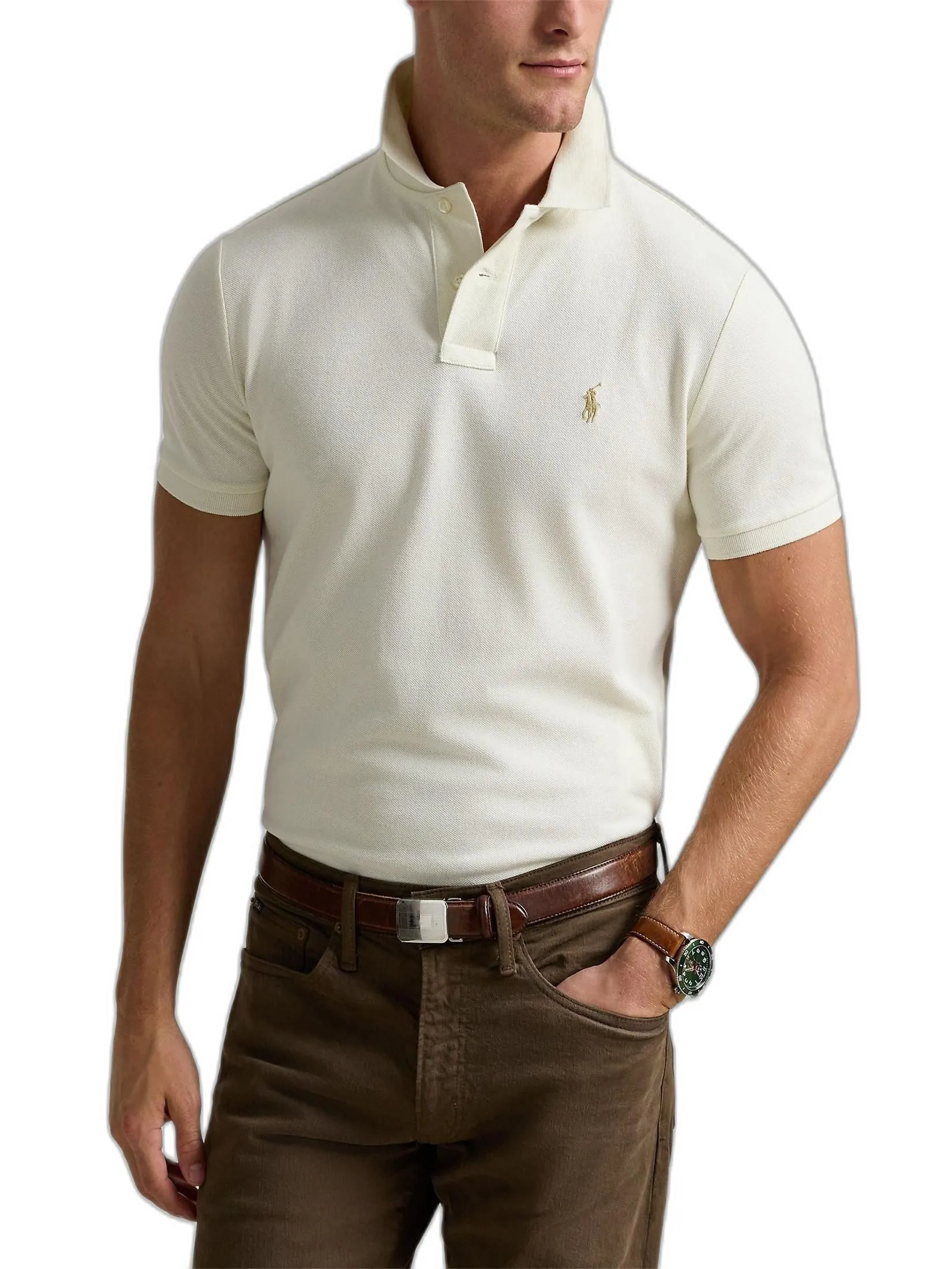 POLO RALPH LAUREN Men Polo-Custom Slim Fit Mesh Polo Shirt MNPOKNI1N822802-Natural-101 POLO RALPH LAUREN Men Polo-Custom Slim Fit Mesh Polo Shirt MNPOKNI1N822802-Natural-101