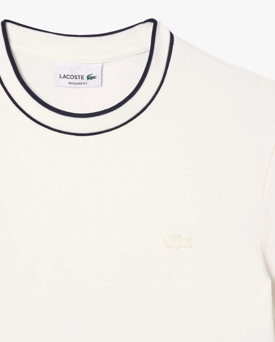 LACOSTE Stretch Piqu  Stripe Collar T-Shirt White LACOSTE Stretch Piqu  Stripe Collar T-Shirt White
