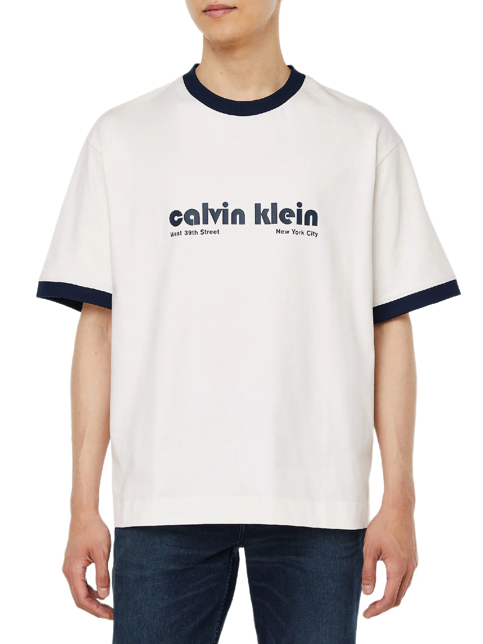 CALVIN KLEIN Men s Relaxed Fit Retro Logo Ringer Short Sleeve T-Shirt White CALVIN KLEIN Men s Relaxed Fit Retro Logo Ringer Short Sleeve T-Shirt White