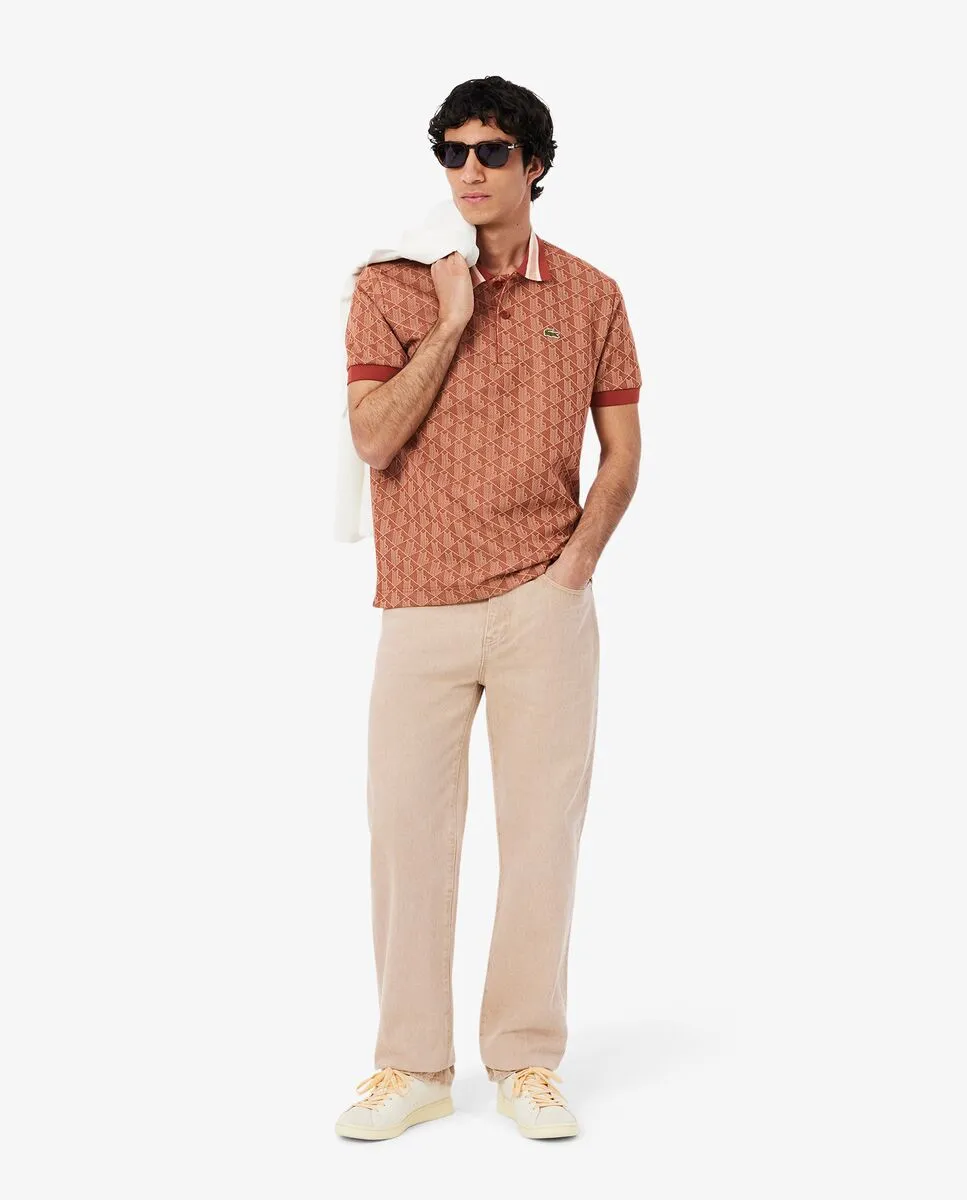 LACOSTE Classic Fit Monogram Jacquard Polo Shirt Brown LACOSTE Classic Fit Monogram Jacquard Polo Shirt Brown