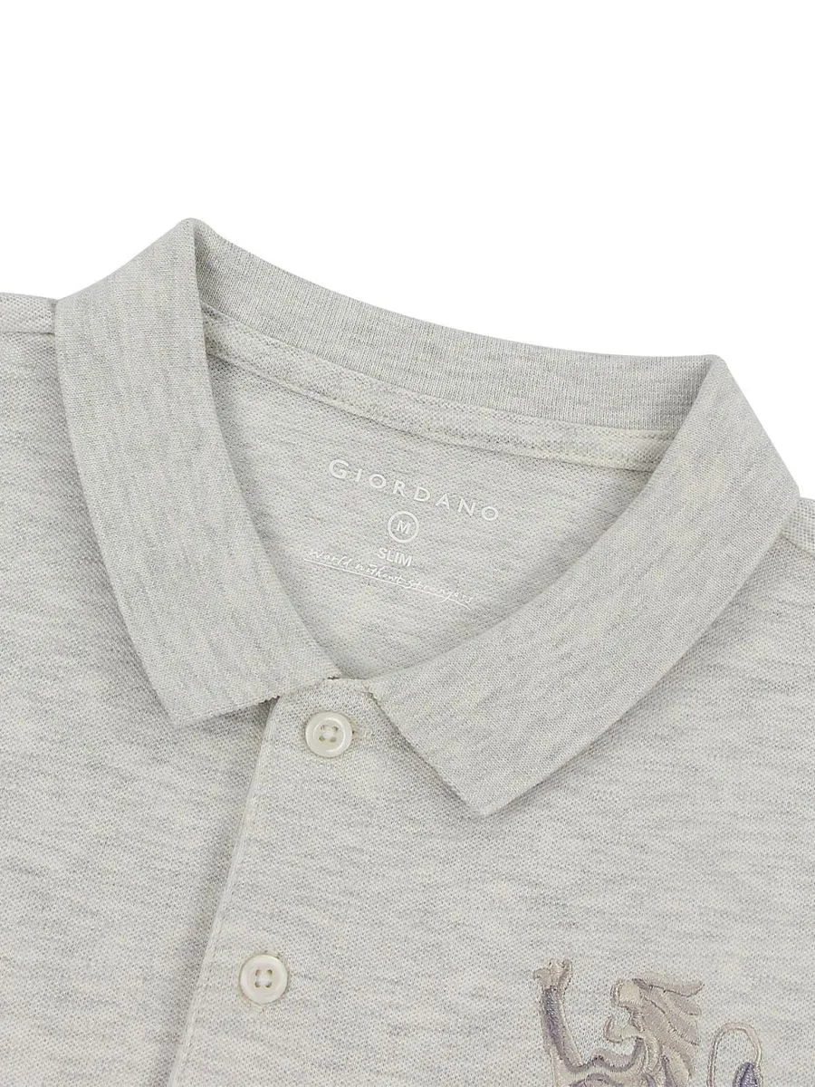 GIORDANO Men's Slim Fit 3D Lion Embroidery Polo Heather Moonstruck Grey GIORDANO Men's Slim Fit 3D Lion Embroidery Polo Heather Moonstruck Grey