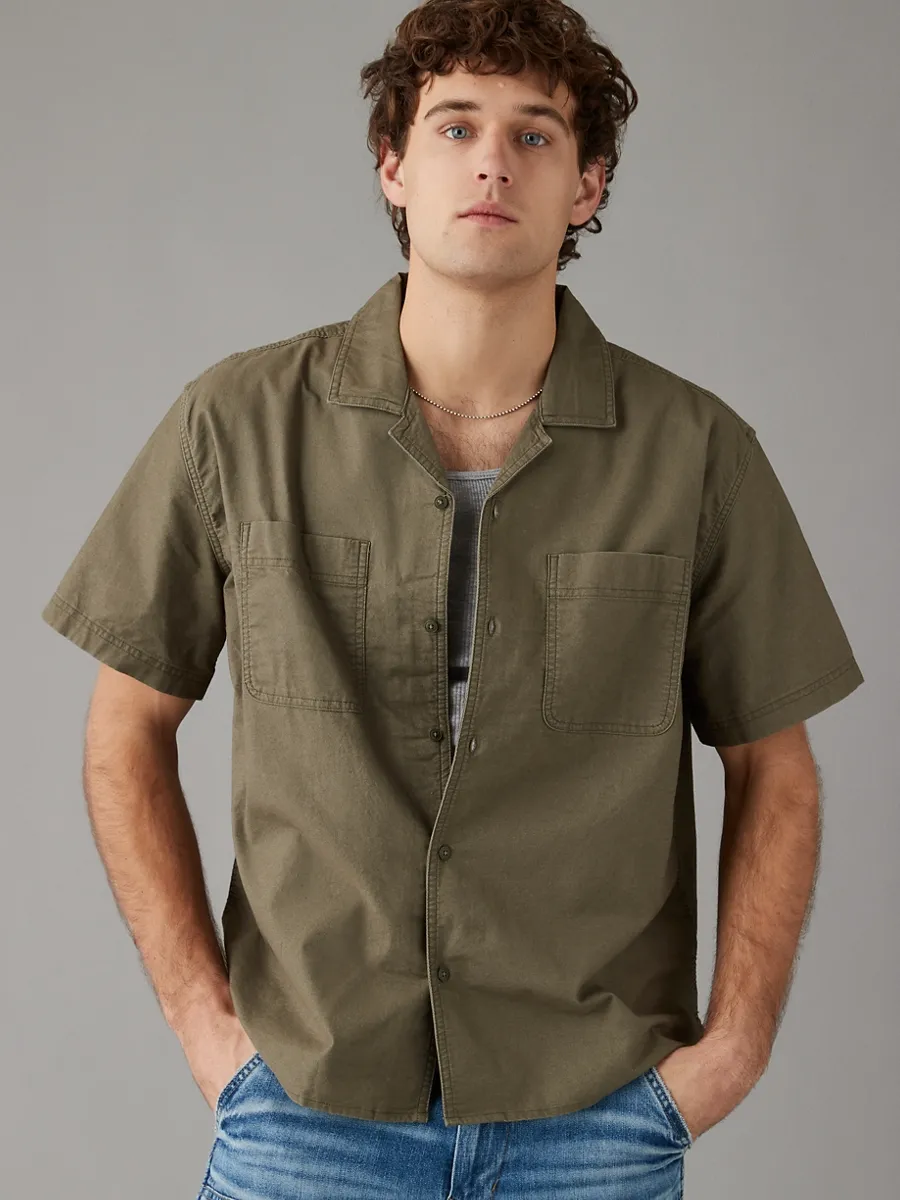 American Eagle MEN OLIVE CLAY SS OVERSIZED CAMP COLLAR PC DYE STRETCH OXFORD 339 HIKER OLIVE American Eagle MEN OLIVE CLAY SS OVERSIZED CAMP COLLAR PC DYE STRETCH OXFORD 339 HIKER OLIVE