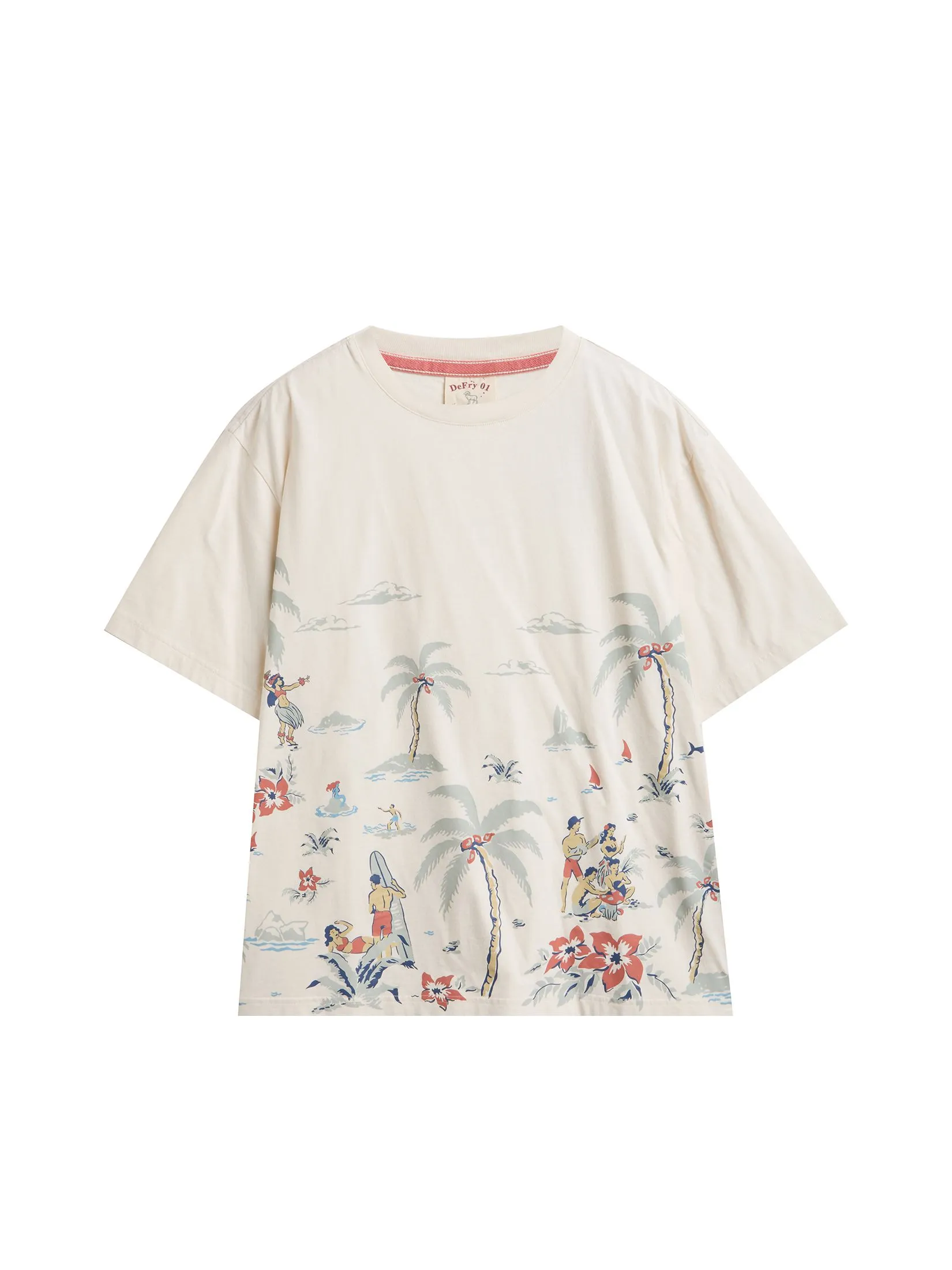 DEFRY 01 Men T-Shirt Short Sleeves Tropical Theme Cream DEFRY 01 Men T-Shirt Short Sleeves Tropical Theme Cream