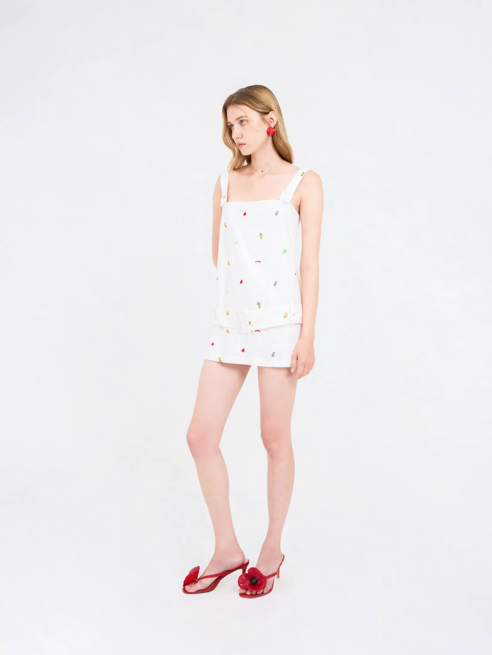 KLOSET (SS25) Women Tiny Fruit Embroidered Contrast Waist Dress White KLOSET (SS25) Women Tiny Fruit Embroidered Contrast Waist Dress White