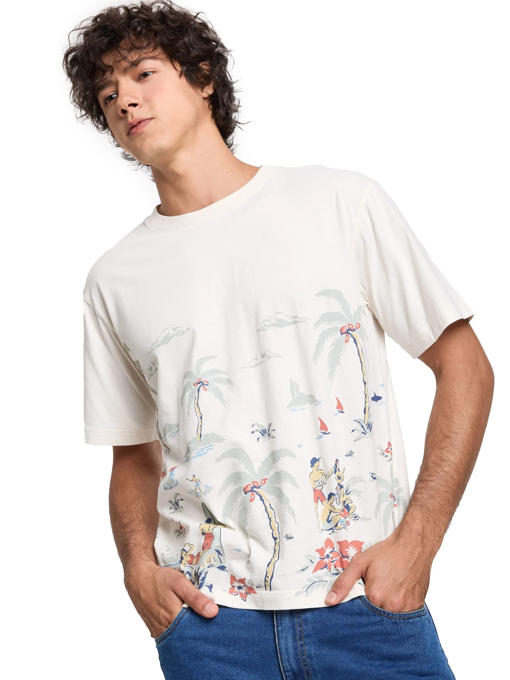 DEFRY 01 Men T-Shirt Short Sleeves Tropical Theme Cream DEFRY 01 Men T-Shirt Short Sleeves Tropical Theme Cream