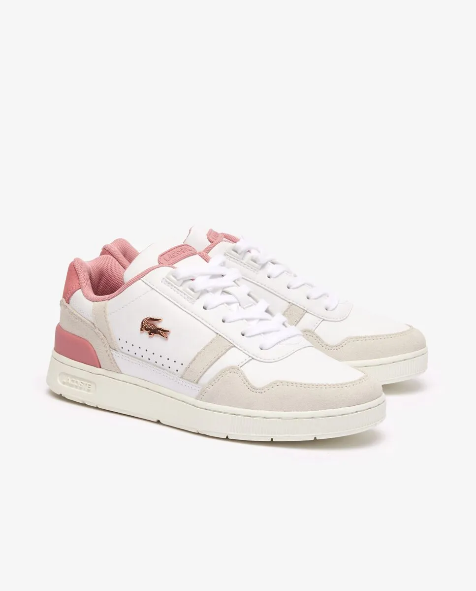 LACOSTE Women’s T-Clip Contrasted Leather Trainers White/Pink LACOSTE Women’s T-Clip Contrasted Leather Trainers White/Pink