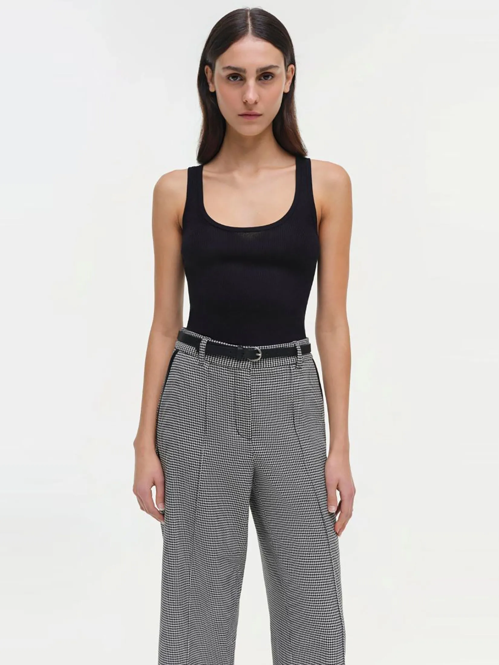 SIMKHAI Women Cropped Pants Button Hem Miki Black White Check SIMKHAI Women Cropped Pants Button Hem Miki Black White Check