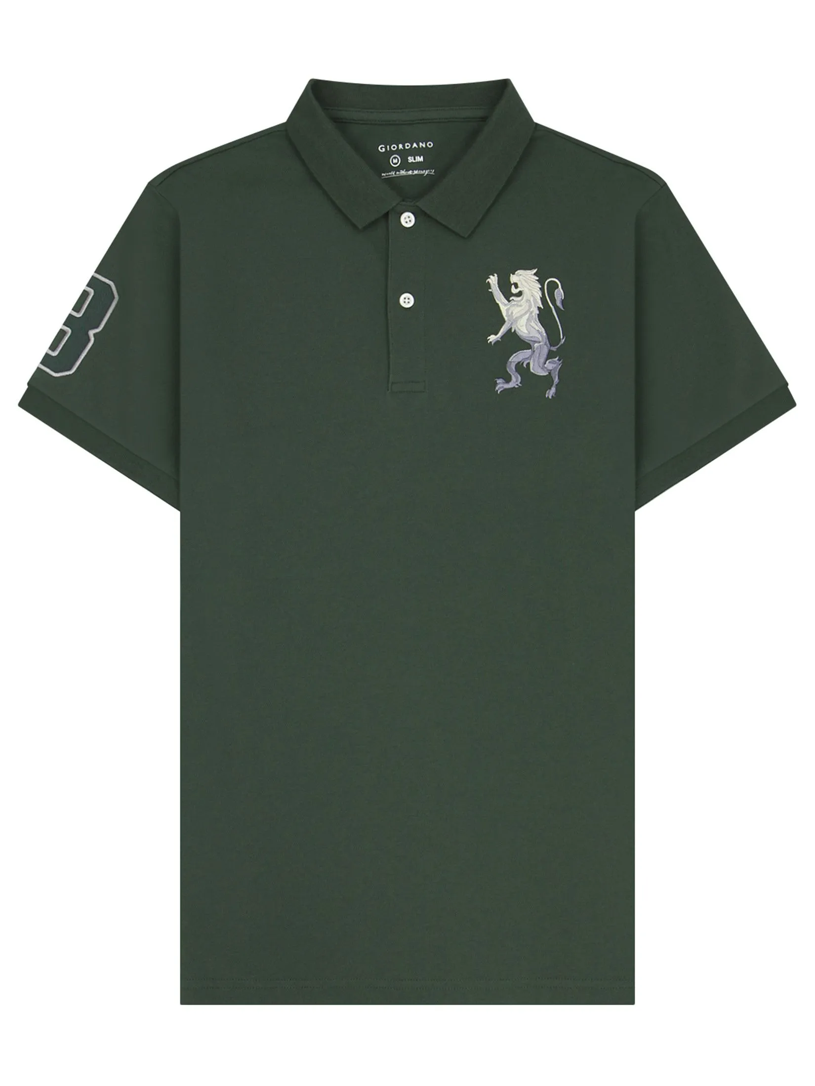 GIORDANO Men's Lycra Pique Embroidery Polo (3D Lion) Sycamore Green GIORDANO Men's Lycra Pique Embroidery Polo (3D Lion) Sycamore Green