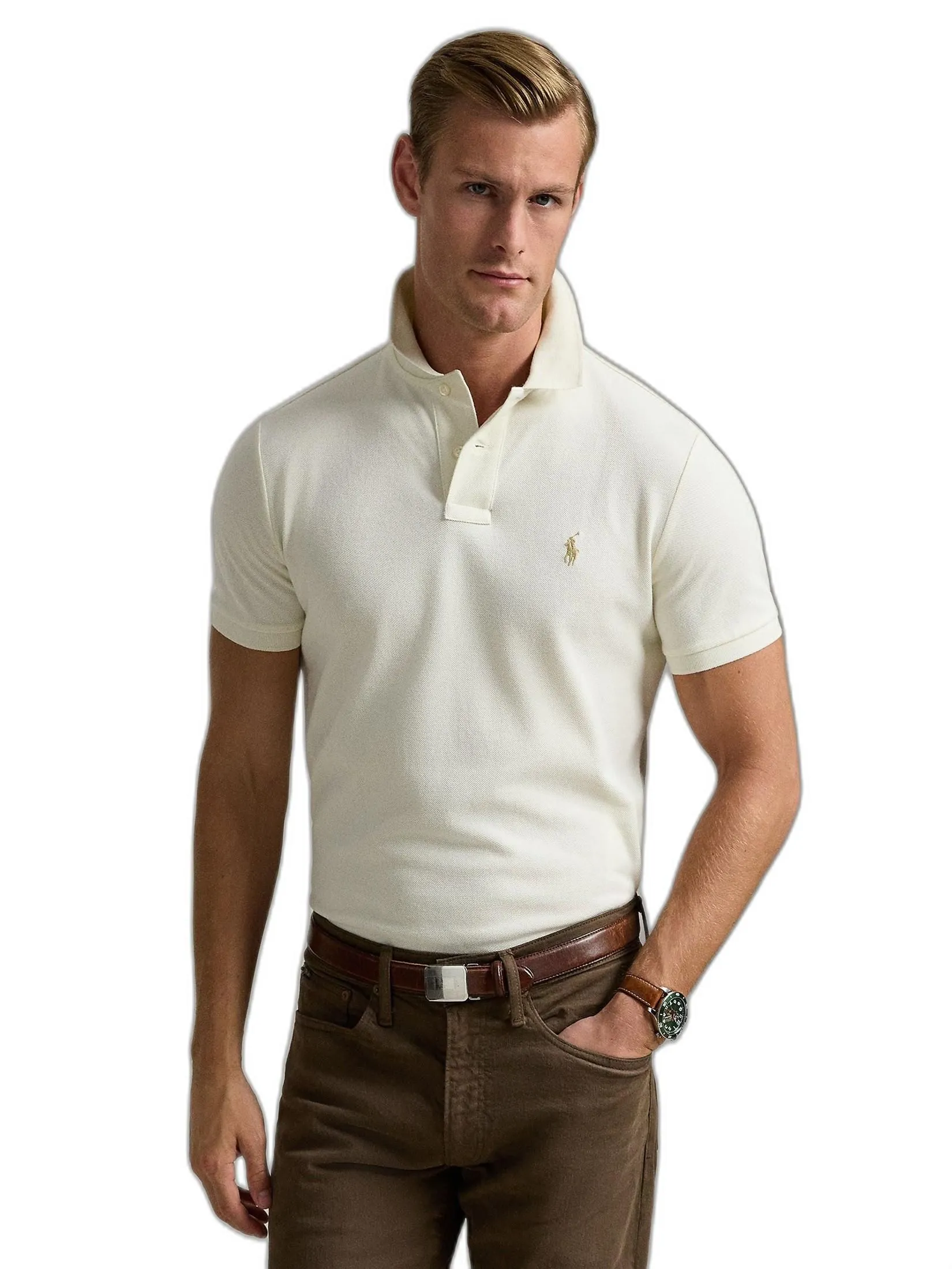 POLO RALPH LAUREN Men Polo-Custom Slim Fit Mesh Polo Shirt MNPOKNI1N822802-Natural-101 POLO RALPH LAUREN Men Polo-Custom Slim Fit Mesh Polo Shirt MNPOKNI1N822802-Natural-101