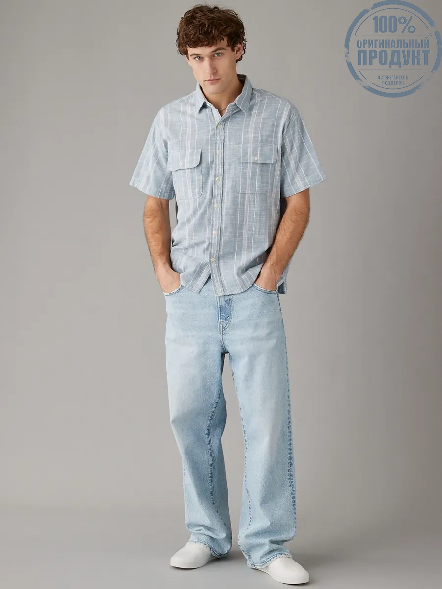 American Eagle MEN JACOB STRIPE SS OVERSIZED CSC 2 PKT SLUB COTTON SHIRT 407 GRAVITY BLUE American Eagle MEN JACOB STRIPE SS OVERSIZED CSC 2 PKT SLUB COTTON SHIRT 407 GRAVITY BLUE