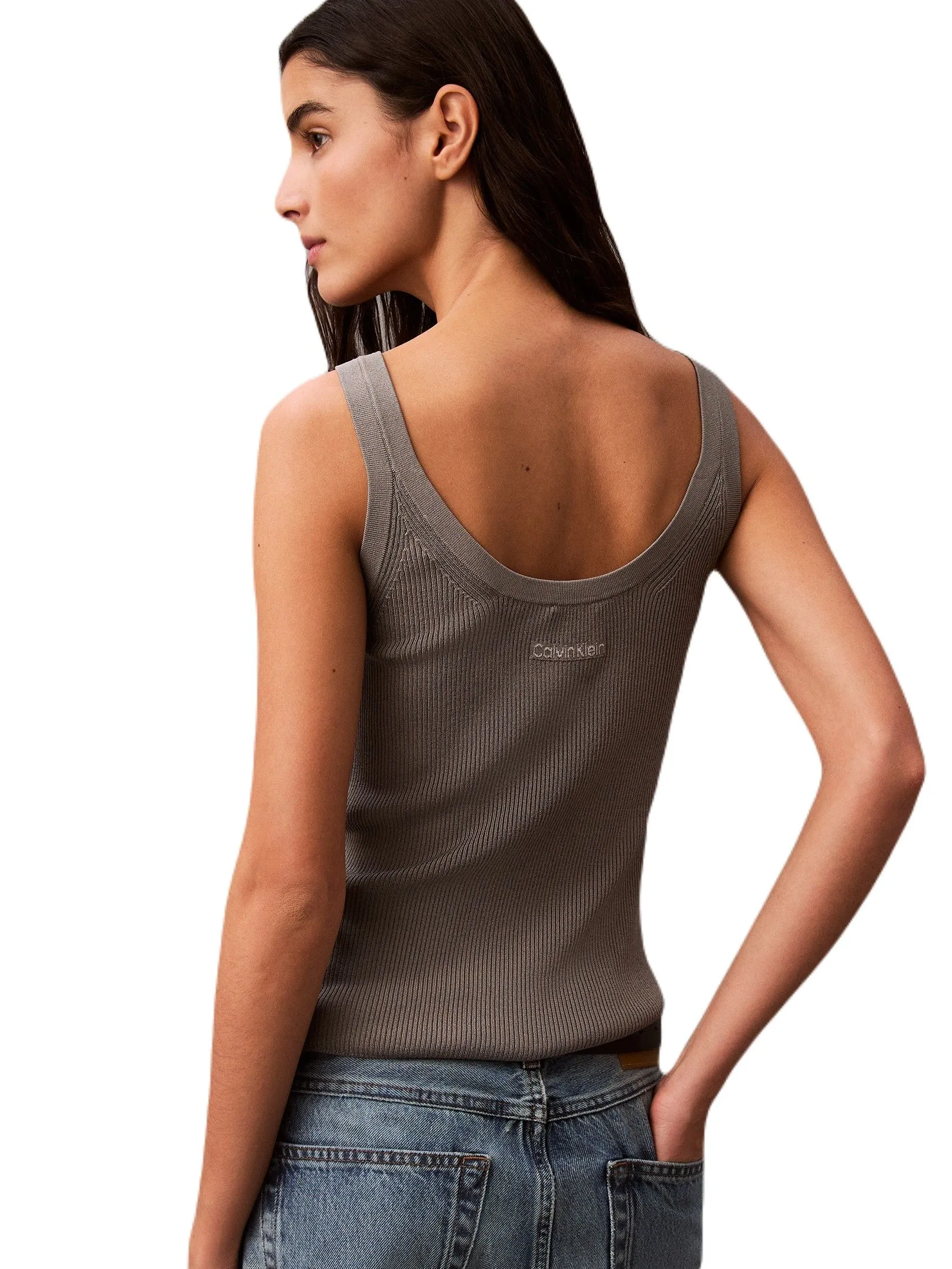 CALVIN KLEIN Women's Viscose Rib Knit Tank Top Grey CALVIN KLEIN Women's Viscose Rib Knit Tank Top Grey